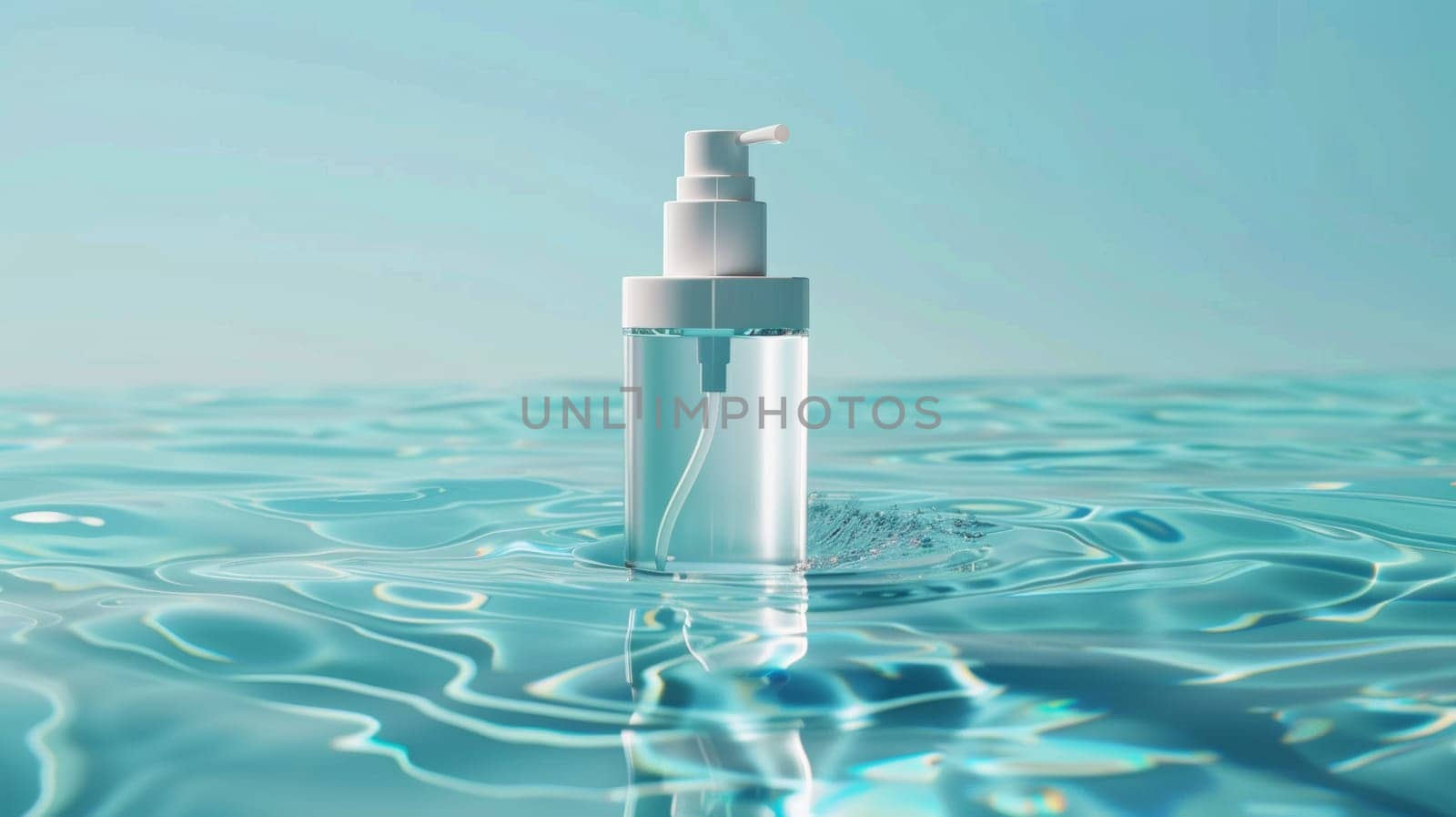 Blue skincare bottle with splashing water.