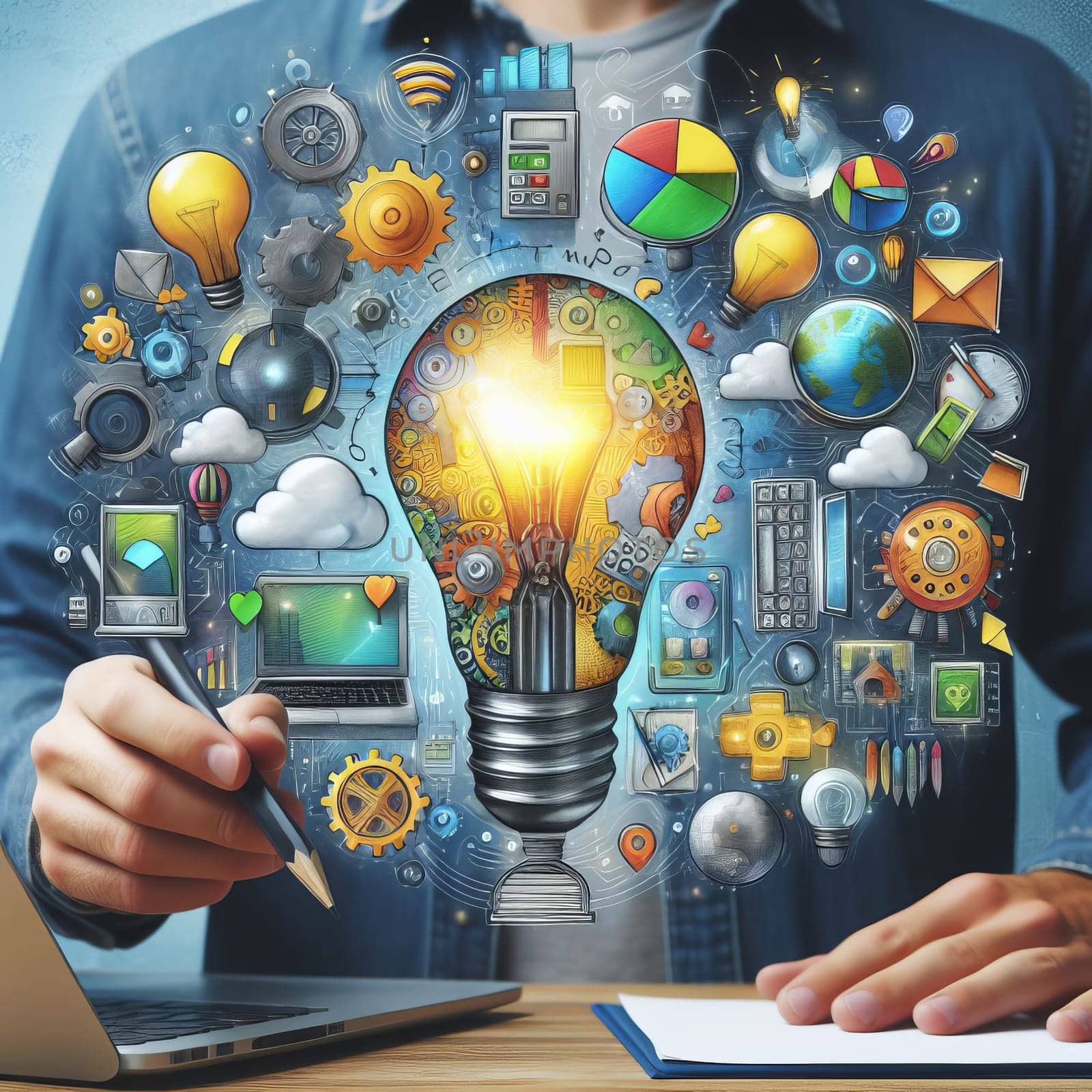 Conceptual illustration of man and lightbulb with various business and technology icons, representing creativity, ideas and innovation in business