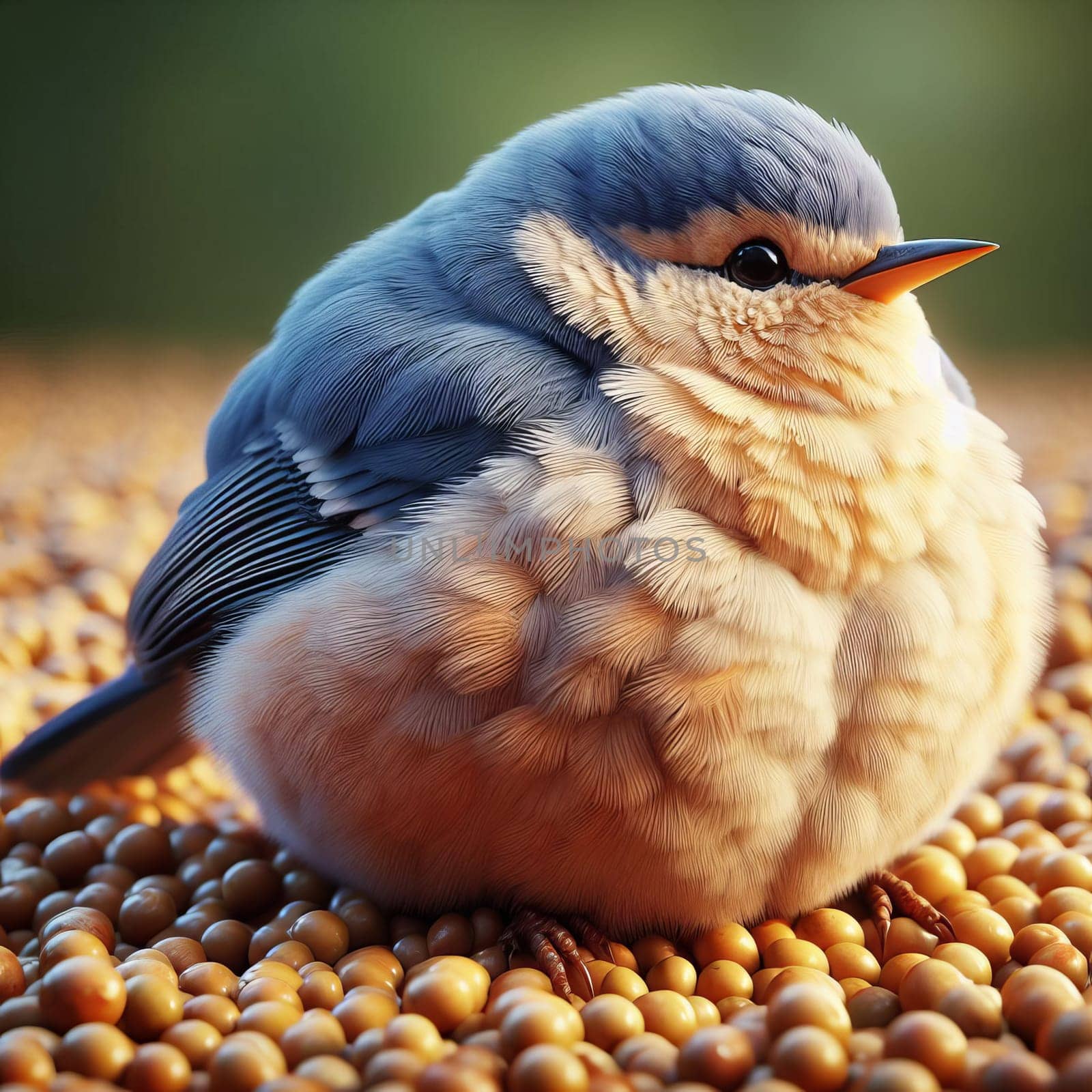 Close-up of a plump blue and orange bird resting on seeds