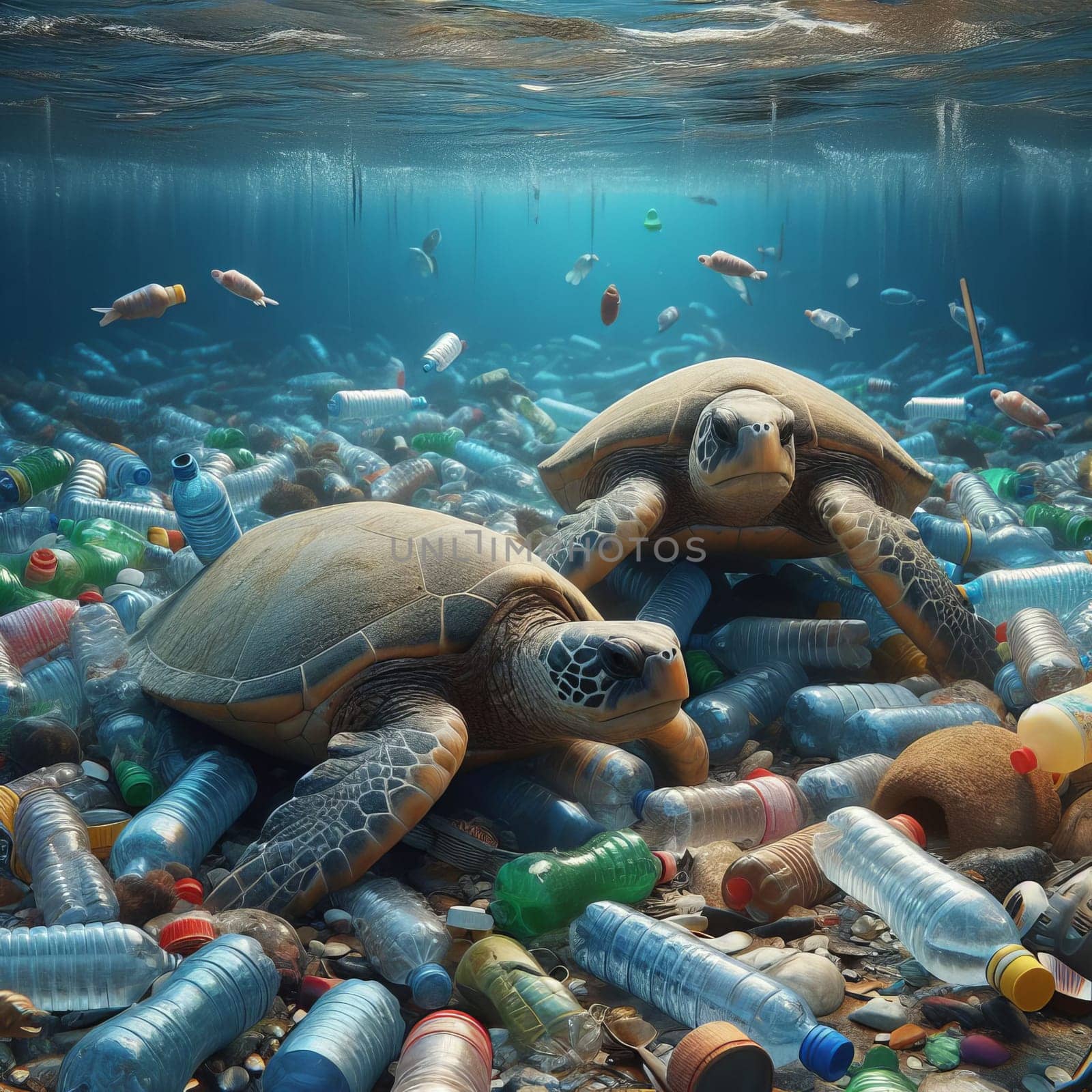 Underwater scene of turtles amidst plastic waste, highlighting the issue of environmental pollution