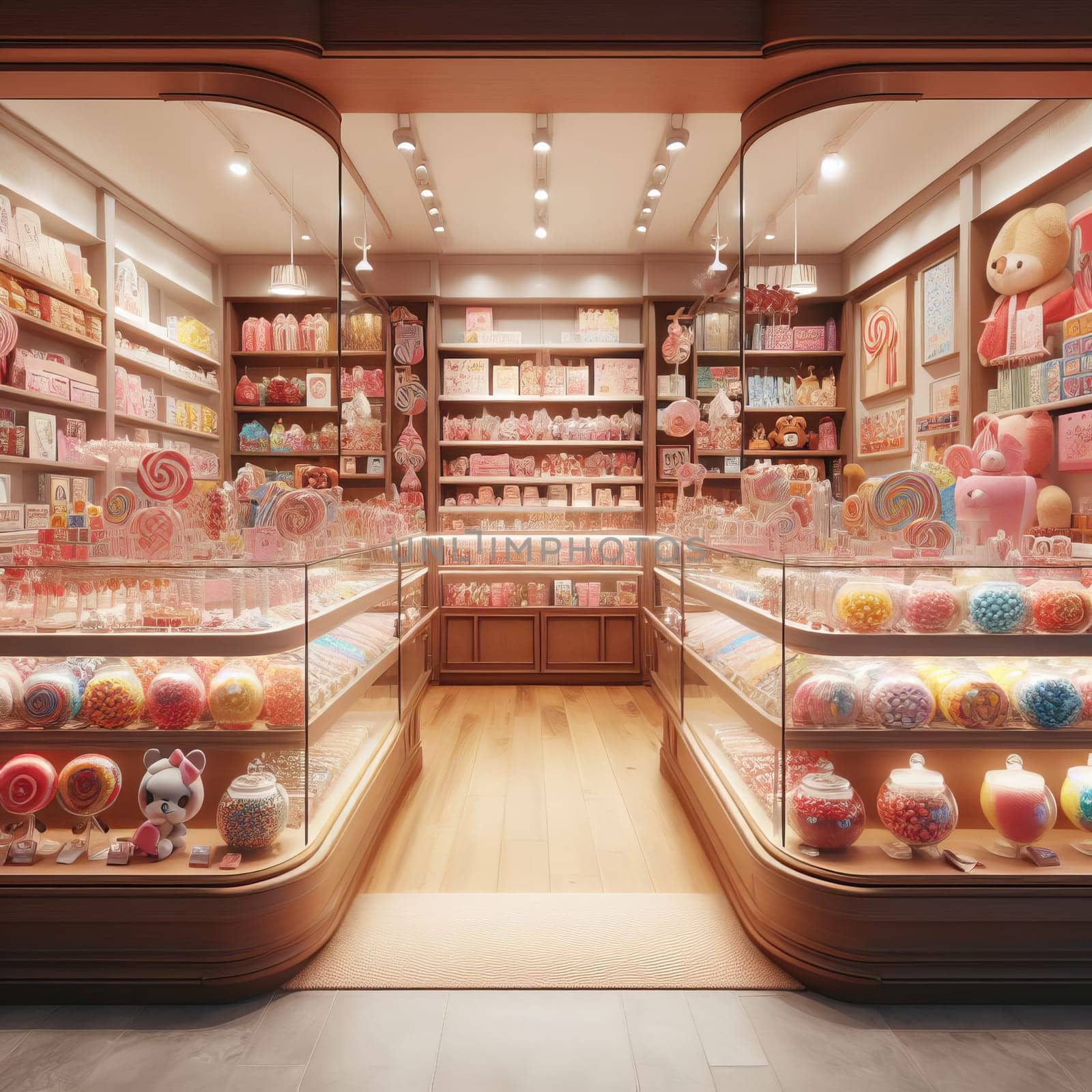 A candy store with a variety of colorful sweets on display, featuring a wooden floor and shelves, and a pink and white color scheme