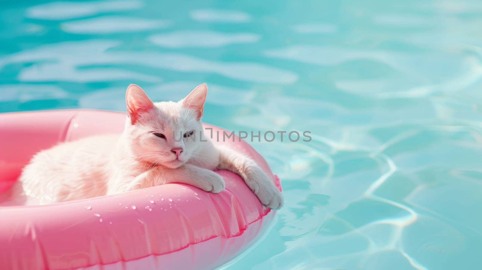 White cat relaxing on a pink inflatable ring mattress in a swimming pool.