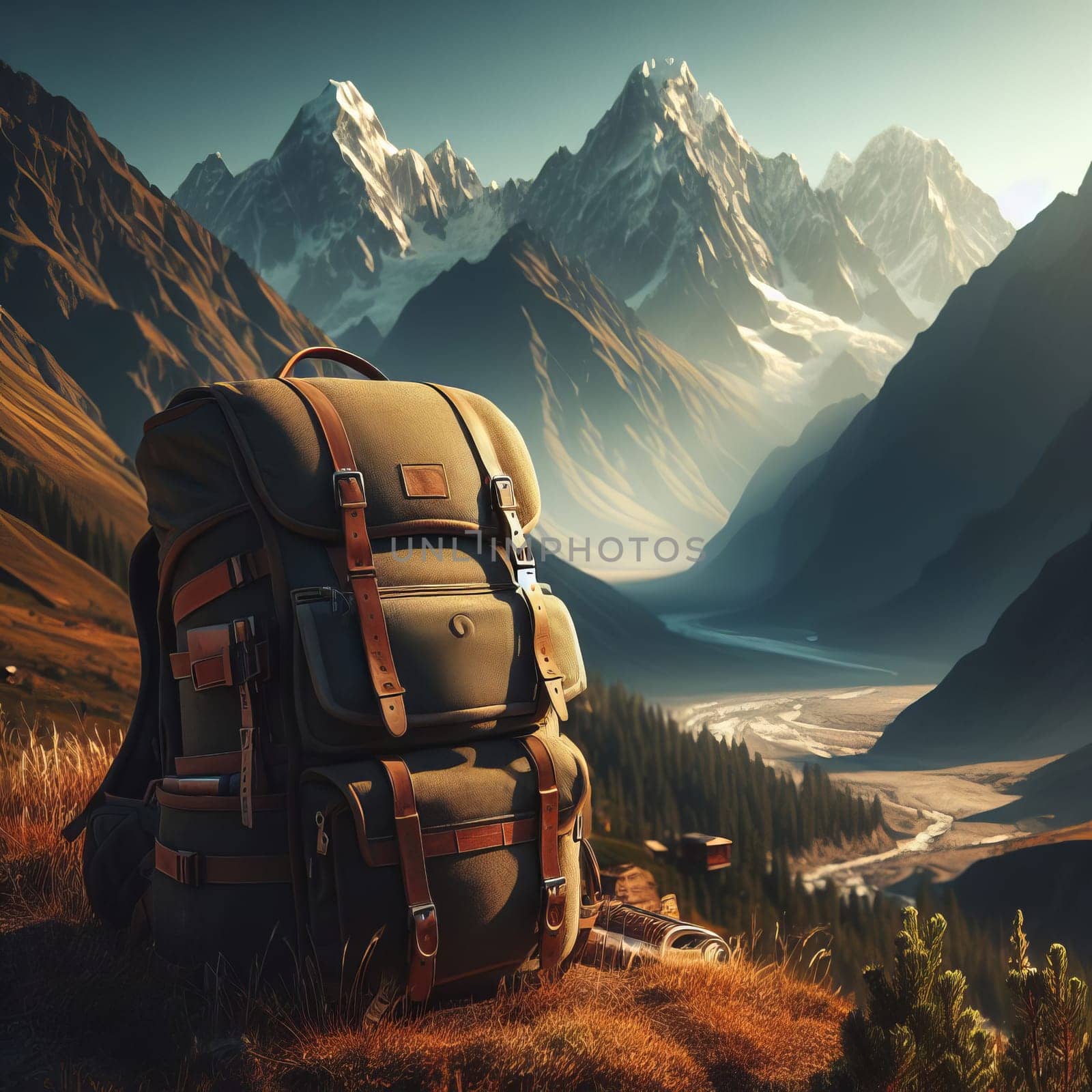 Travel backpack on a grassy hill overlooking a mountain range and river valley, with a warm, dreamy color palette. by sfinks