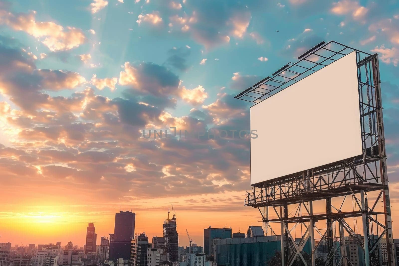 A large, pristine white billboard mounted on a sleek modern skyscraper. The first rays of dawn illuminate the city skyline behind it