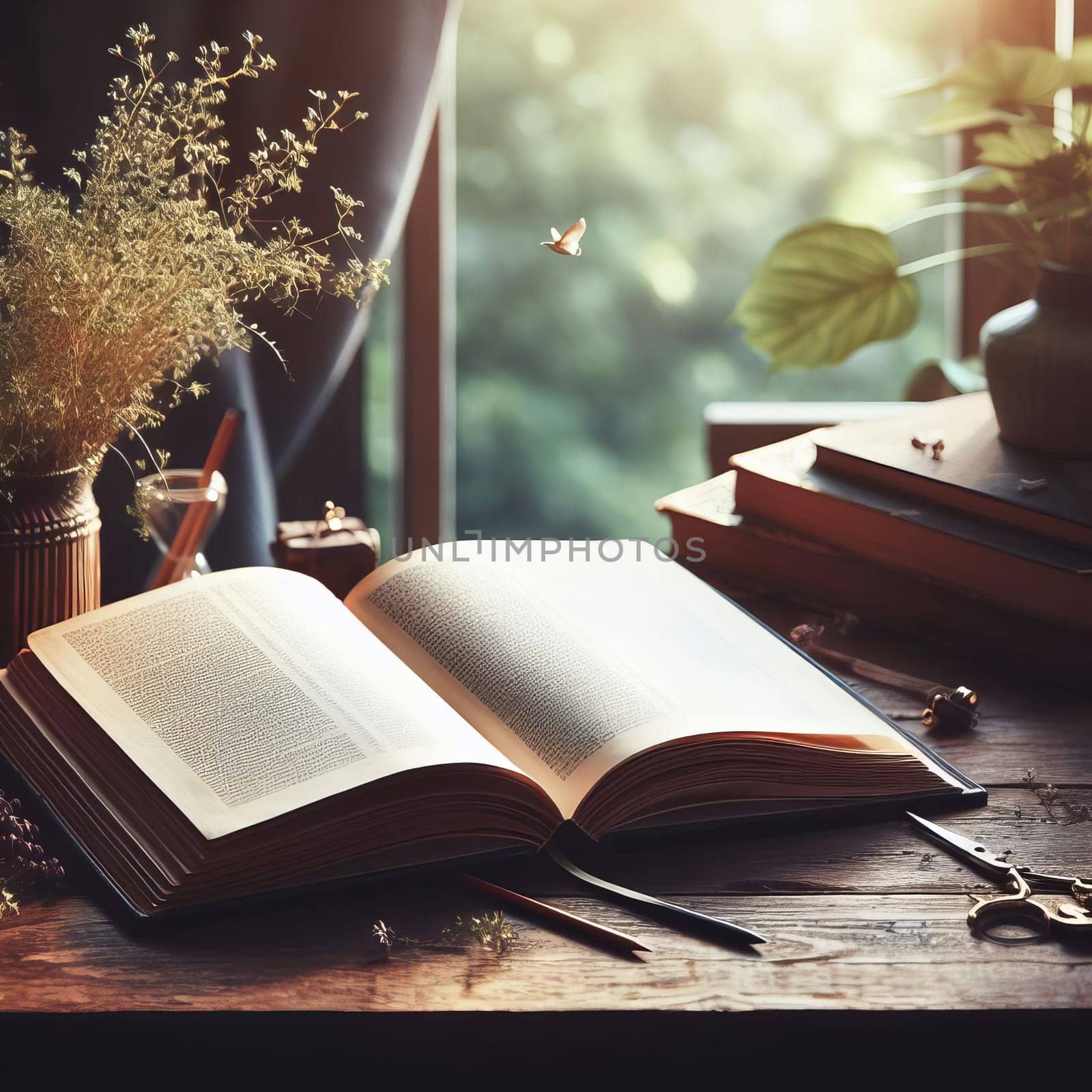 Open book on a wooden table by the window, with plants and keys, in soft sunlight