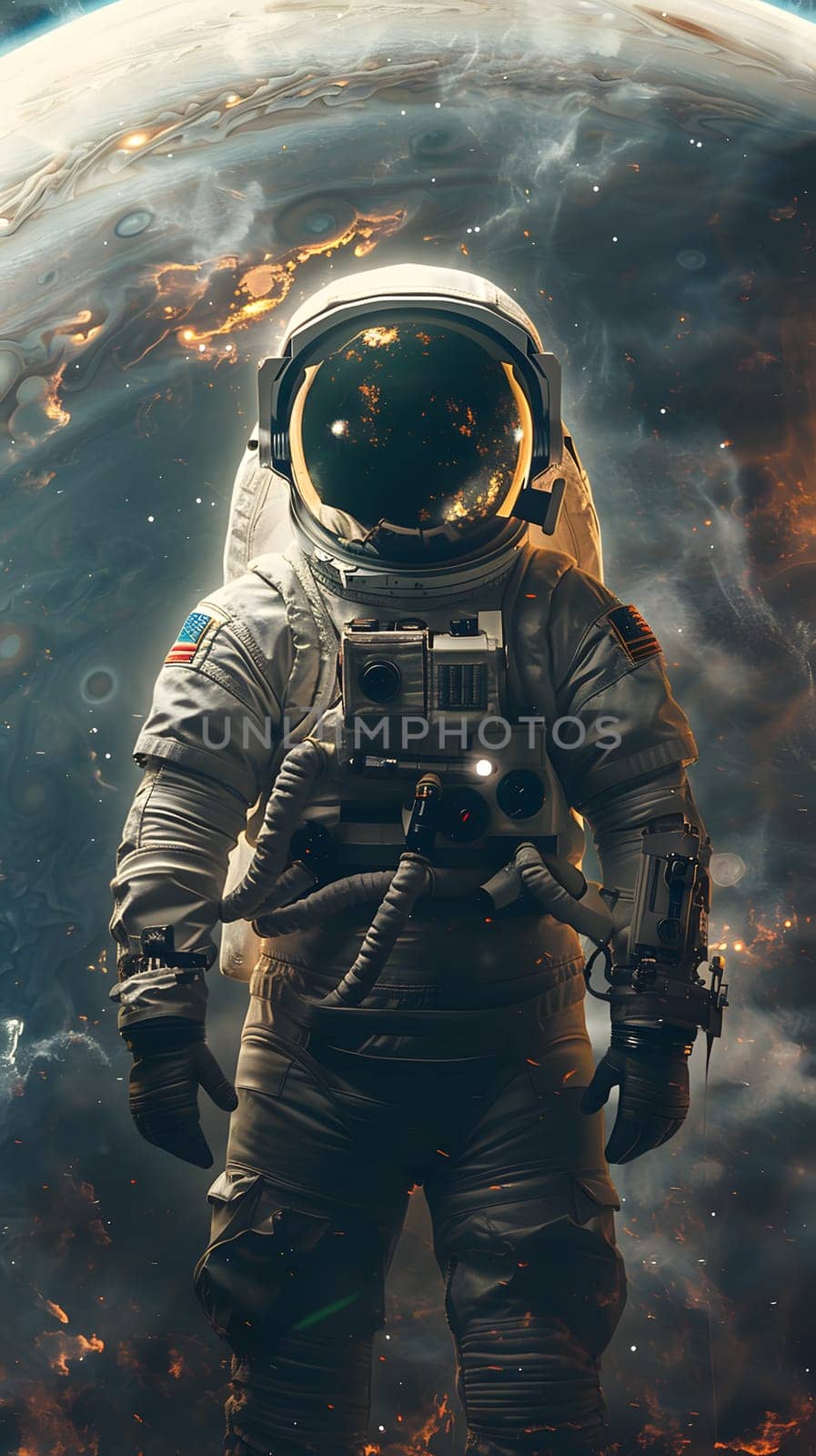 Astronaut in personal protective equipment standing before a planet in darkness by Nadtochiy