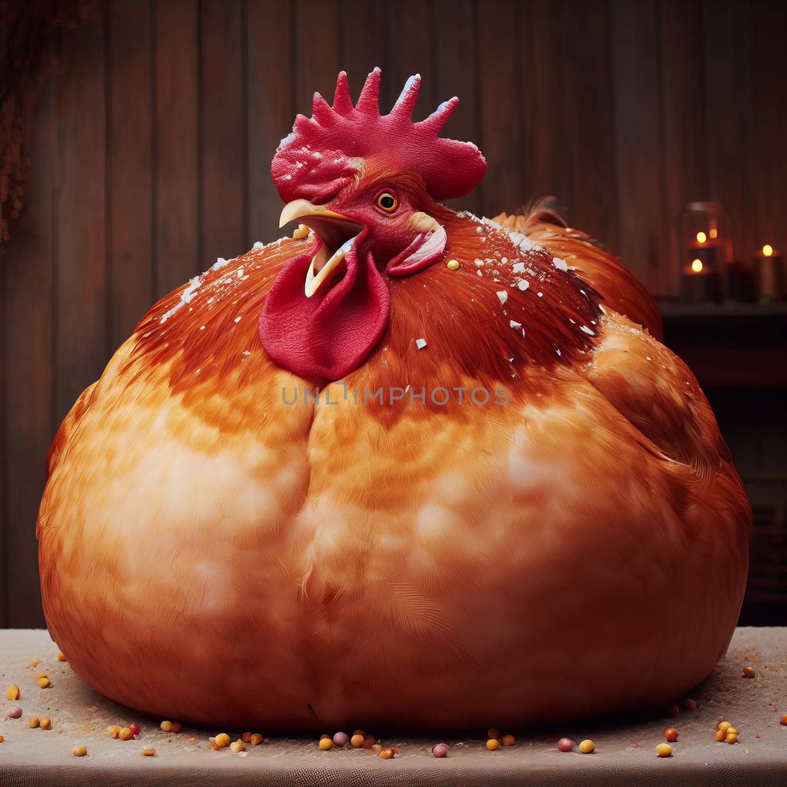 A vibrant close-up of a fat rooster with open beak, showcasing its rich plumage and expressive face, set against a rustic backdrop