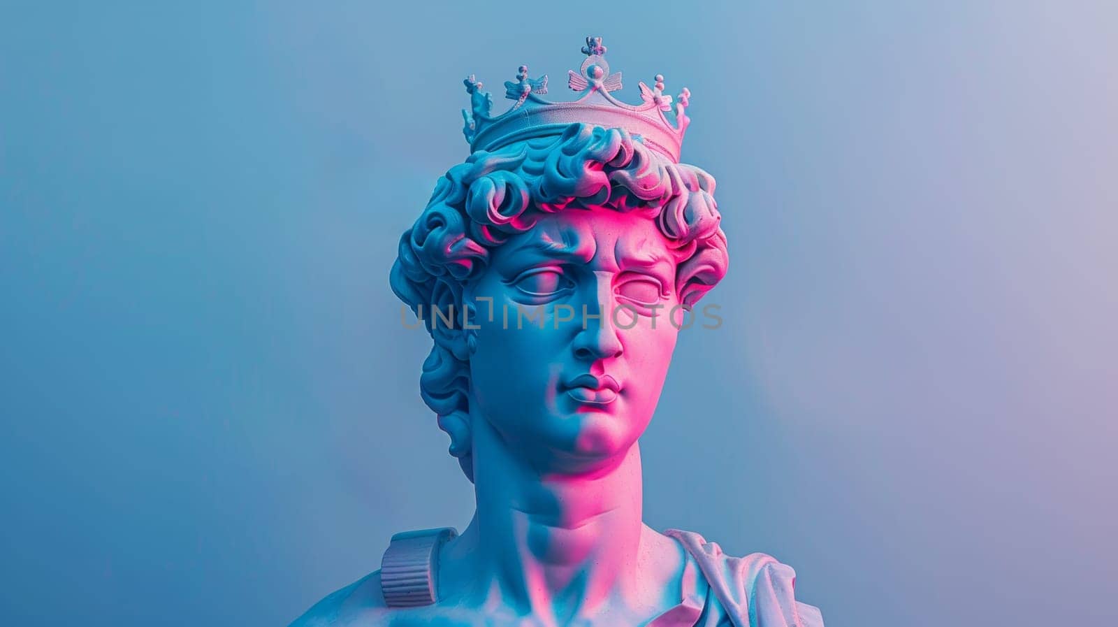 Colorful gradient lighting on a classic sculpture with a crown.