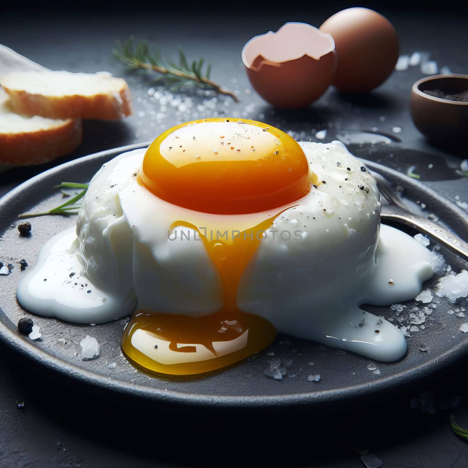 Close-up of a poached egg with runny yolk on a dark plate, surrounded by ingredients and seasoning