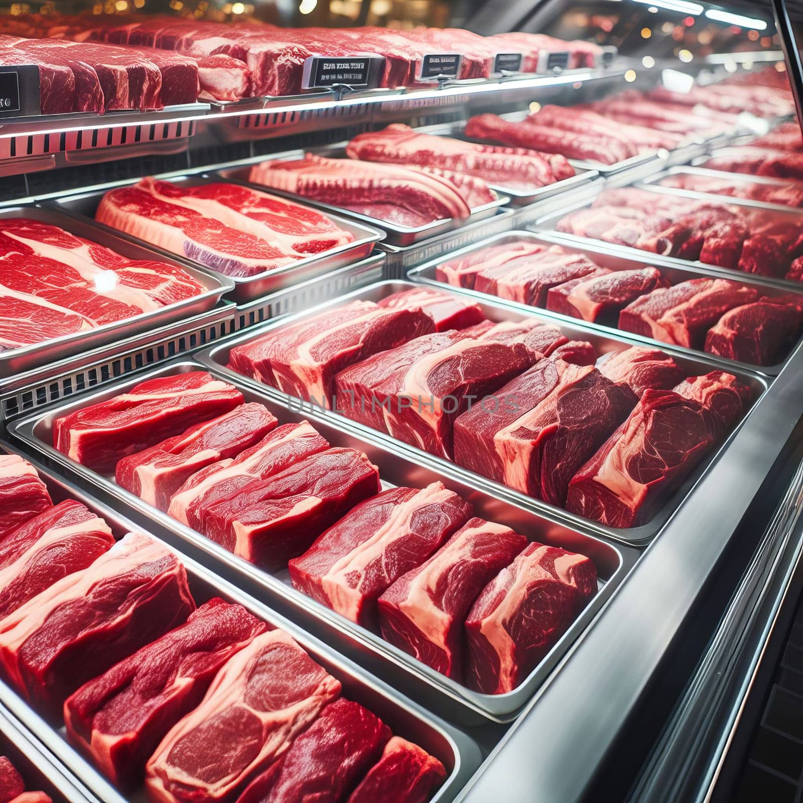 A variety of neatly arranged and labeled cuts of red meat fill a display case in a supermarket