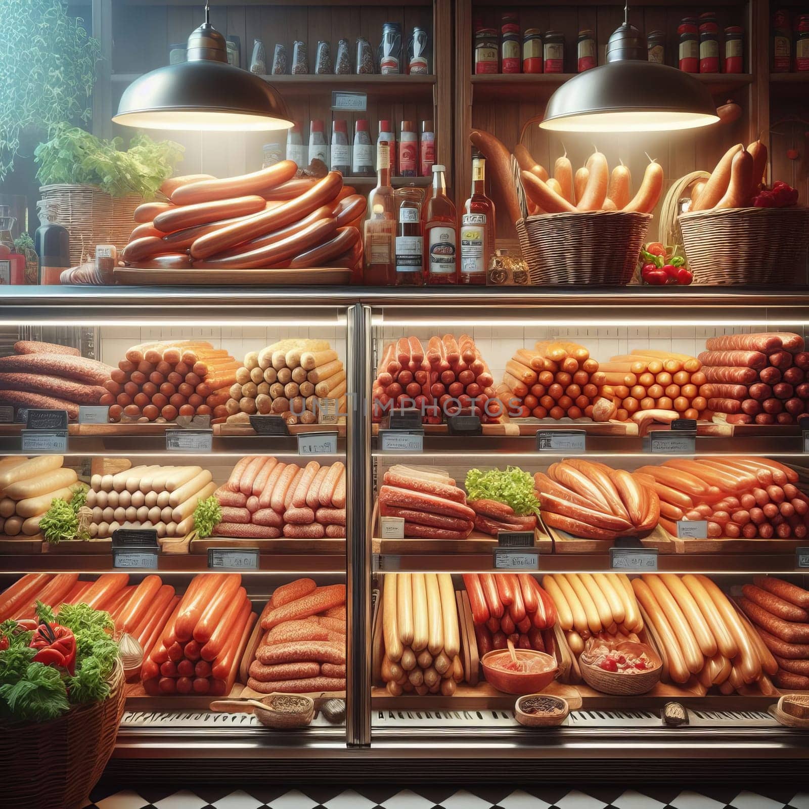 A variety of meats and sausages are on display at a deli counter, illuminated by warm lighting