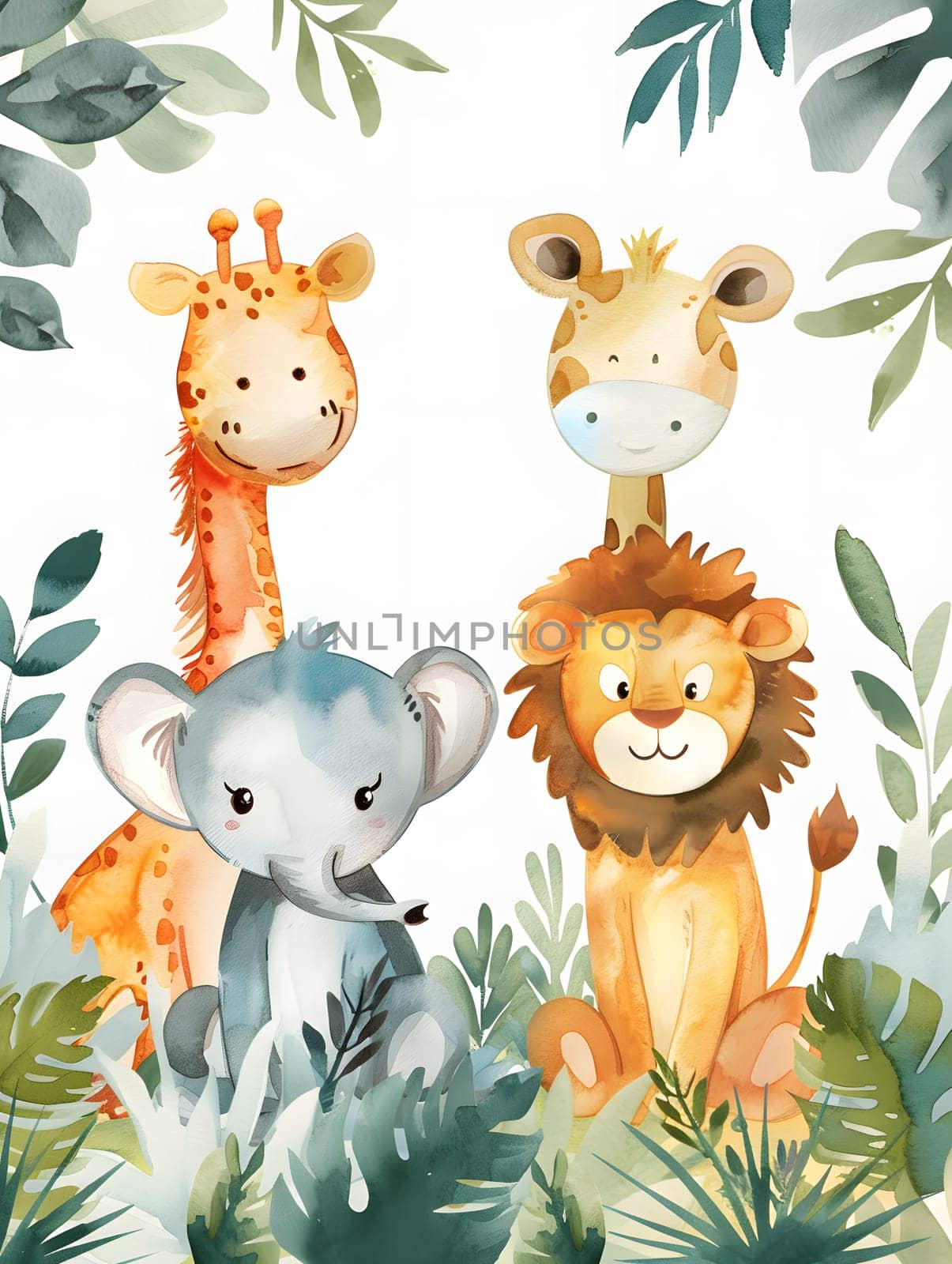 A giraffe, elephant, and lion, three happy vertebrate mammals, are chilling in the nature of the jungle, surrounded by green grass and tall plants