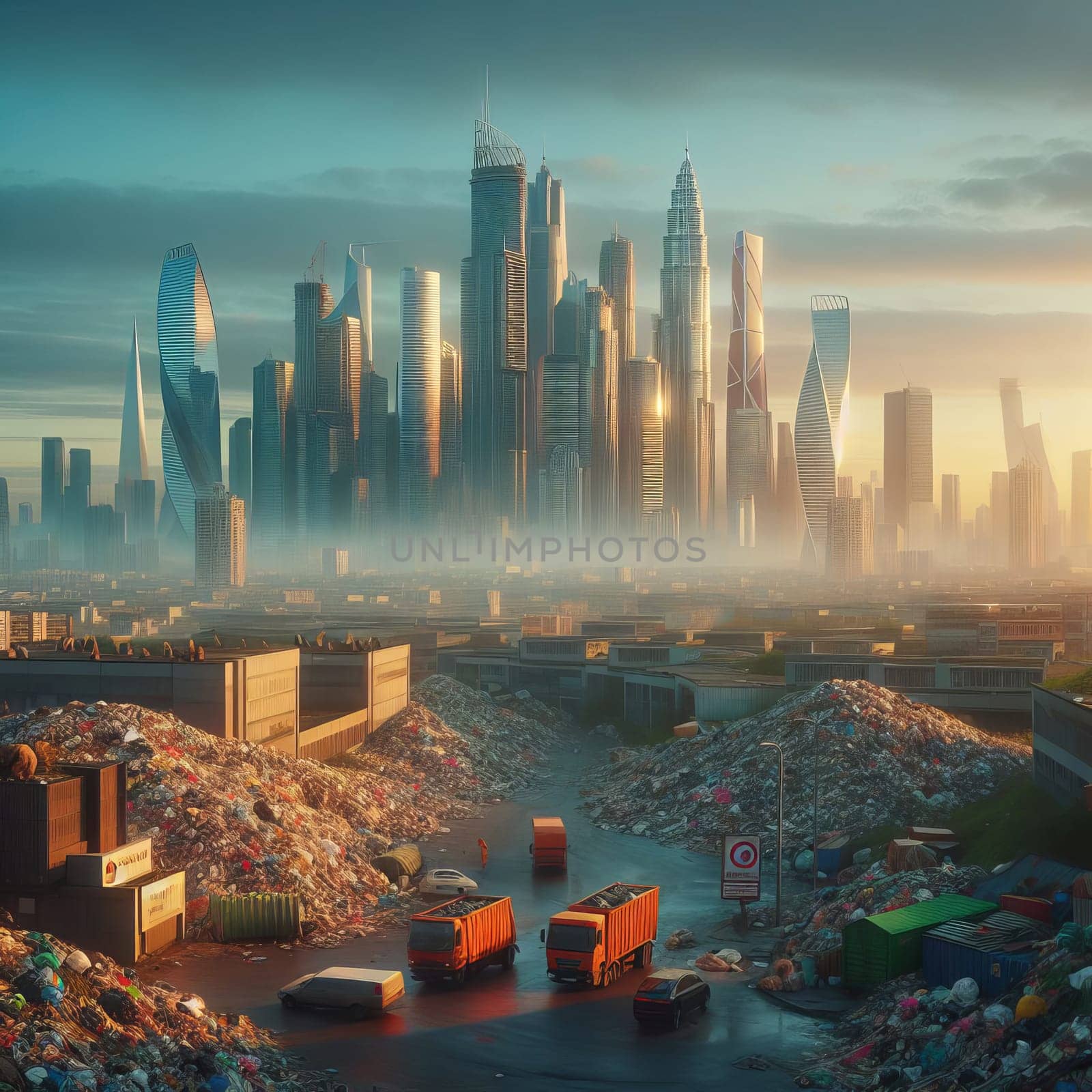 Photo realistic image of a futuristic city skyline with a garbage dump in the foreground, bathed in a warm glow from the setting sun