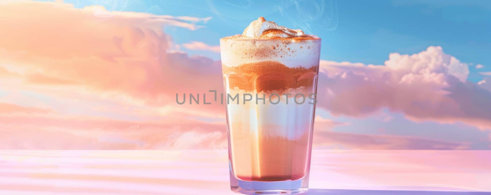 Steaming latte in a tall glass against a surreal sky background.