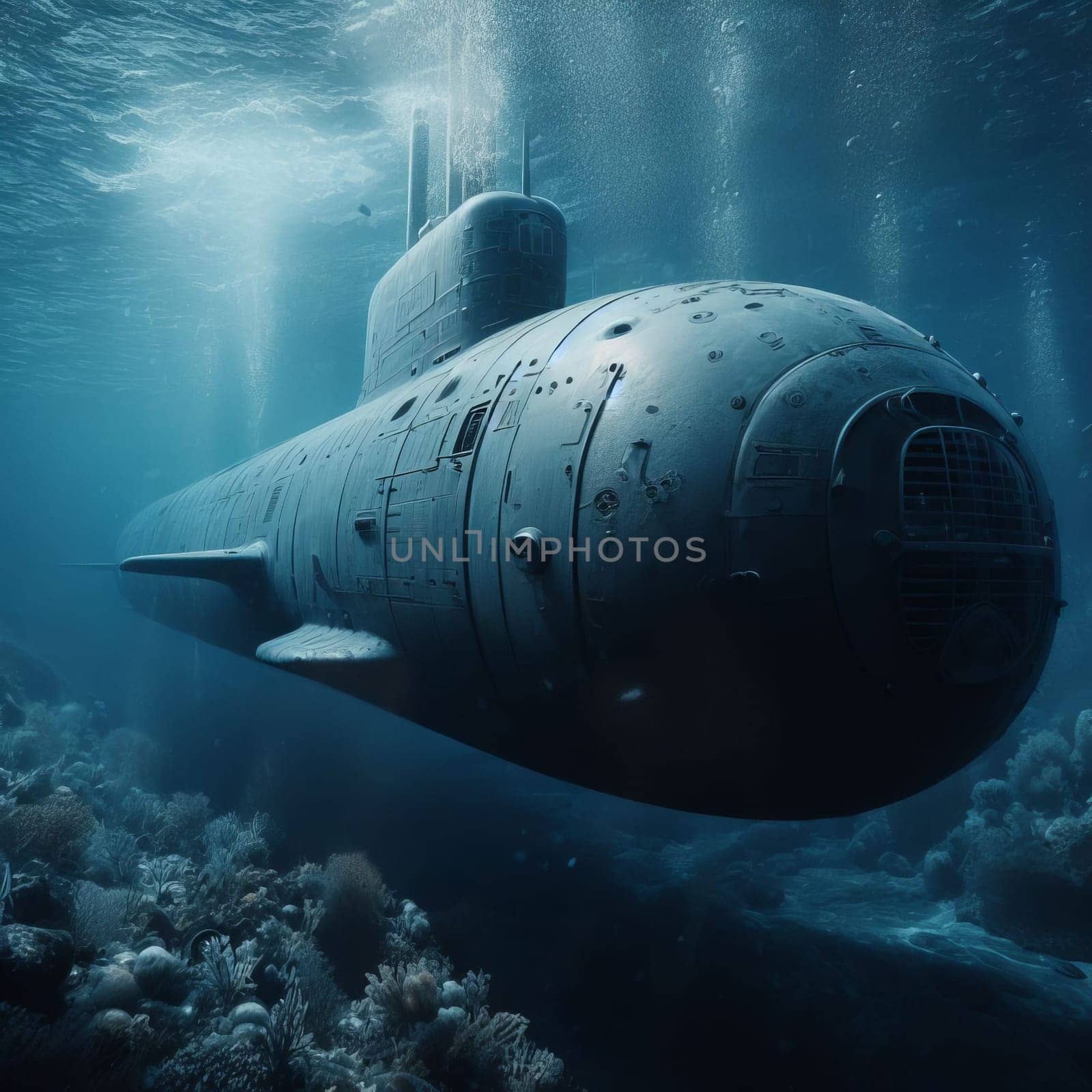 A submarine submerged underwater, surrounded by coral and illuminated by rays of light filtering through the water