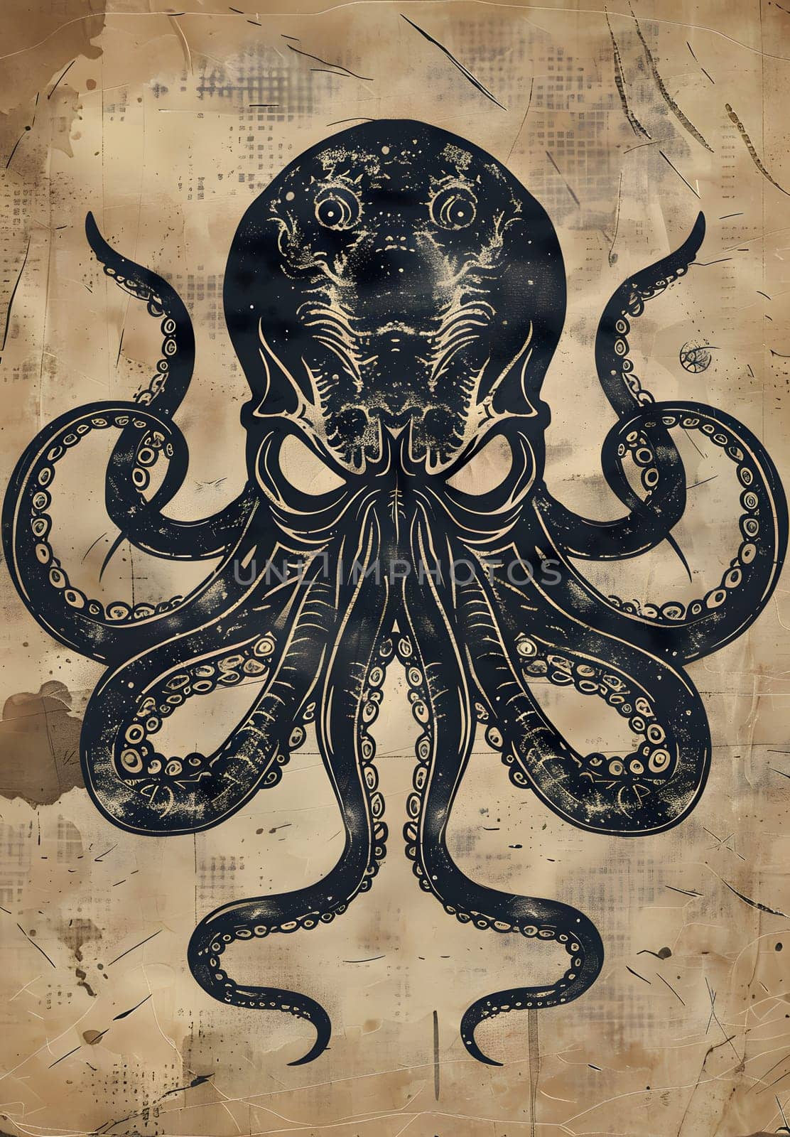 A monochromatic illustration of a marine invertebrate, the octopus, displayed on a brown background. The cephalopods symmetric pattern is depicted in an artistic black and white painting