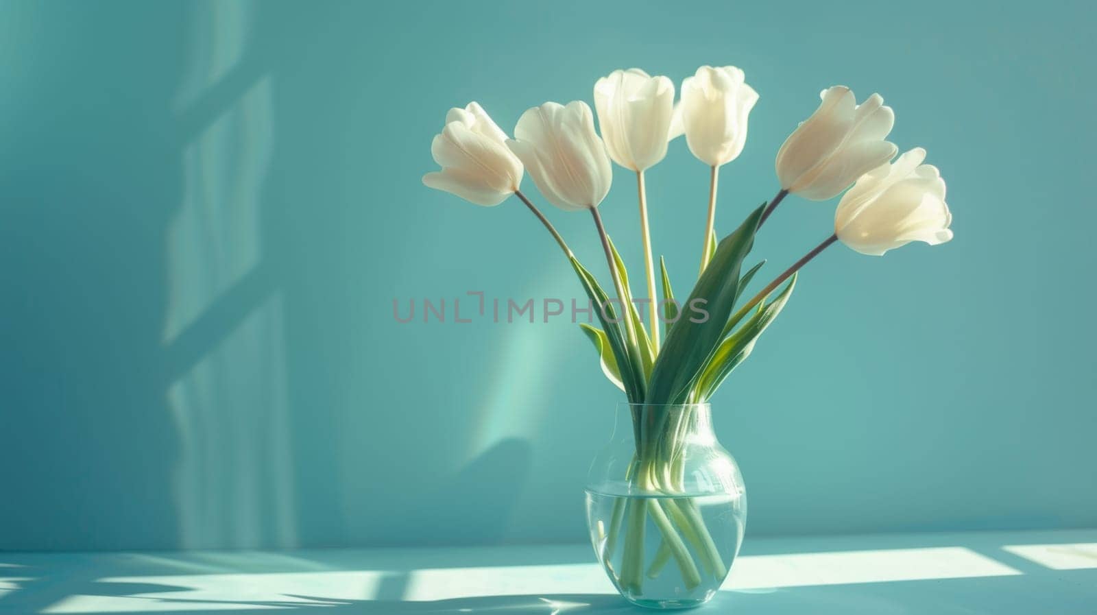 White tulips in a glass vase on a blue background.