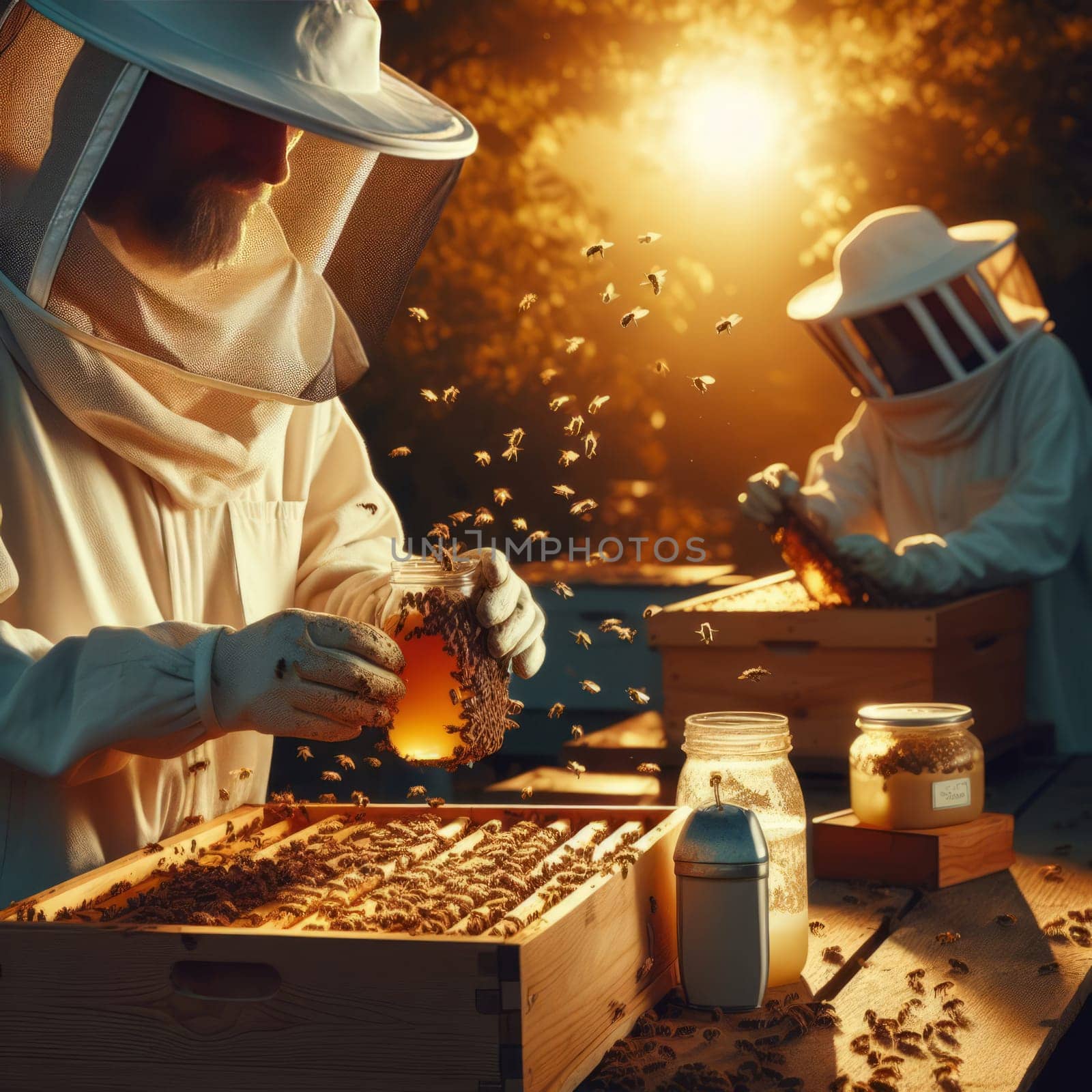 Two beekeepers working with a beehive in beautiful golden light, wearing protective suits and surrounded by bees