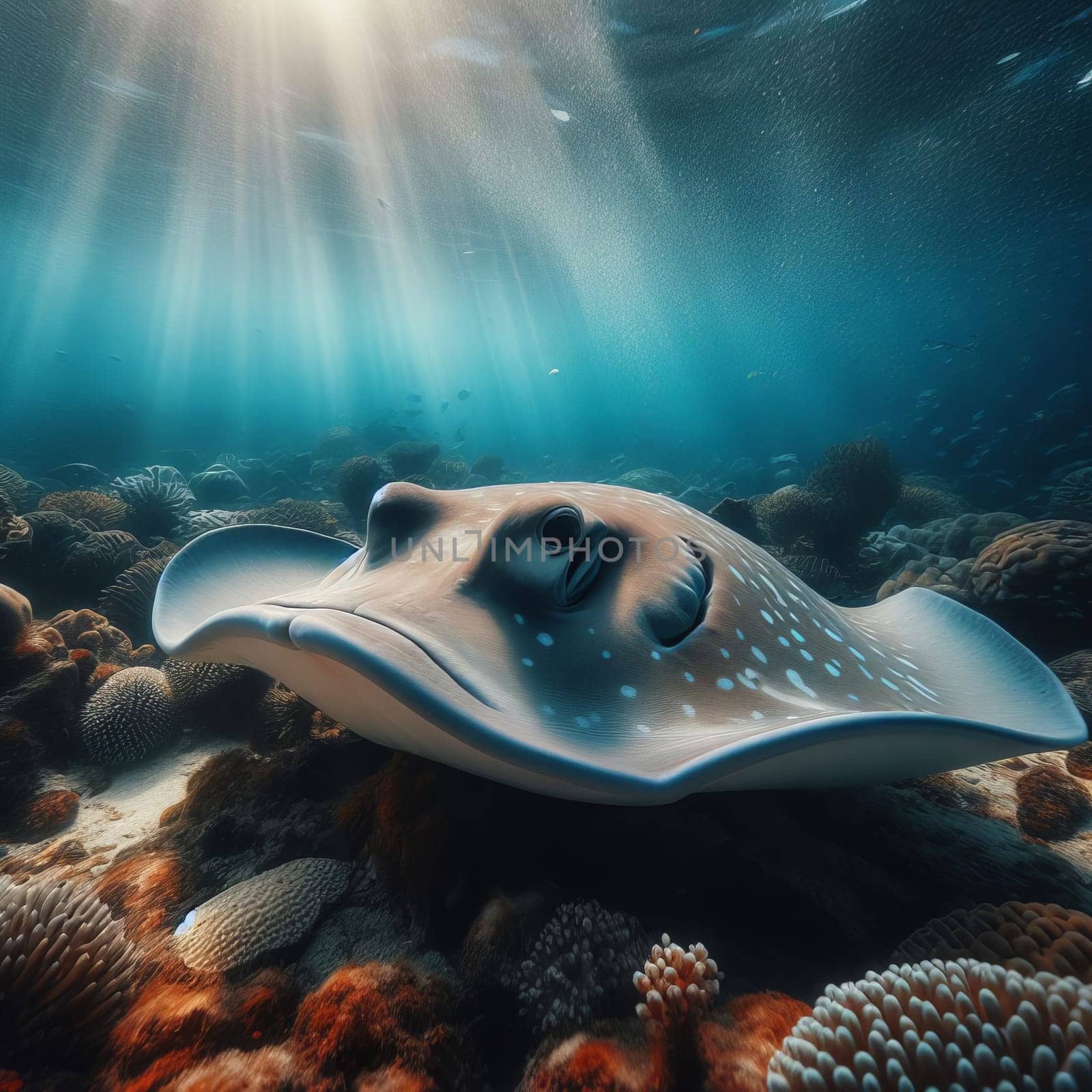 A stingray gracefully swims over a vibrant coral reef, bathed in the sun's rays filtering through the ocean's surface