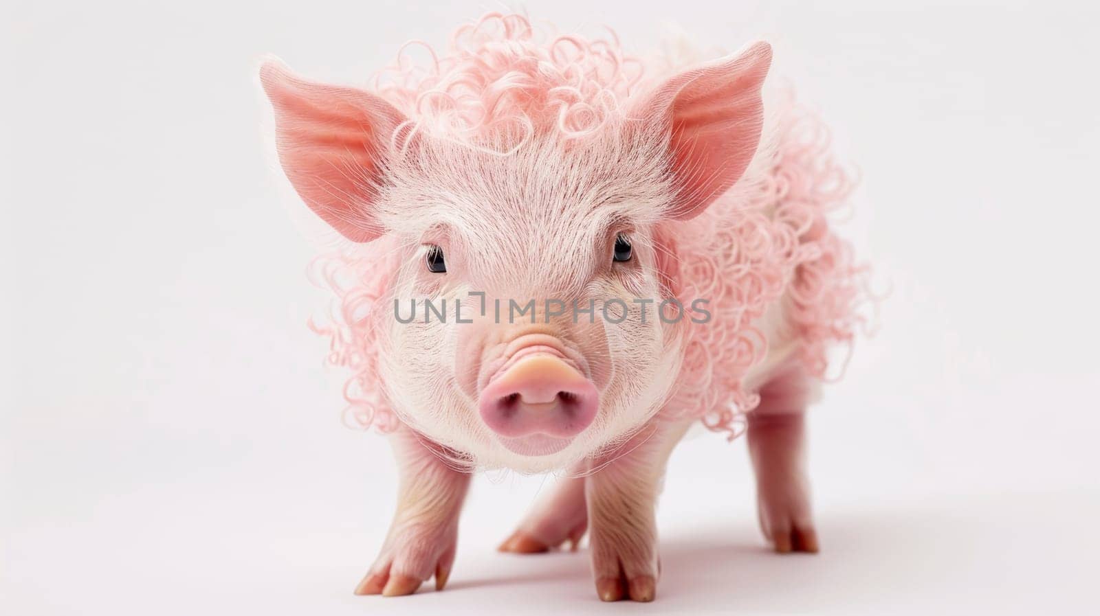 Pink Pig With Curly Hair on White Background.