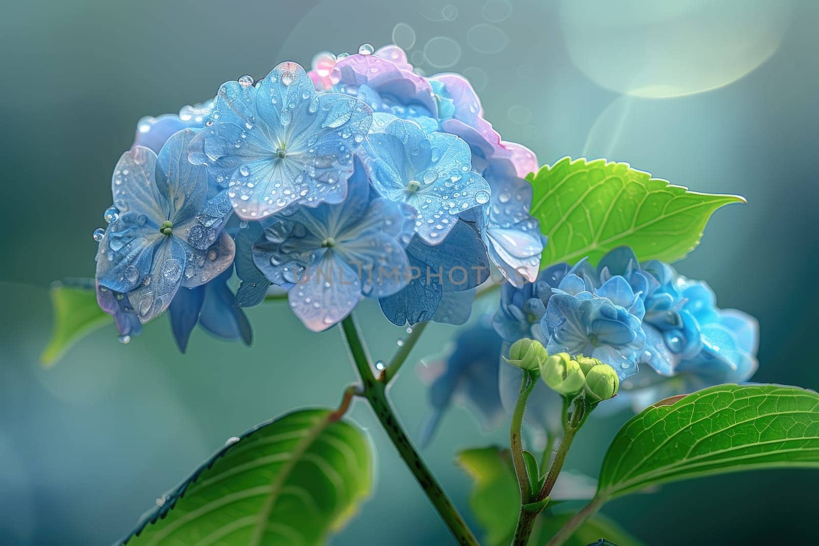 Close up view. Beautiful colors Hydrangea isolated with drops of water on the petals