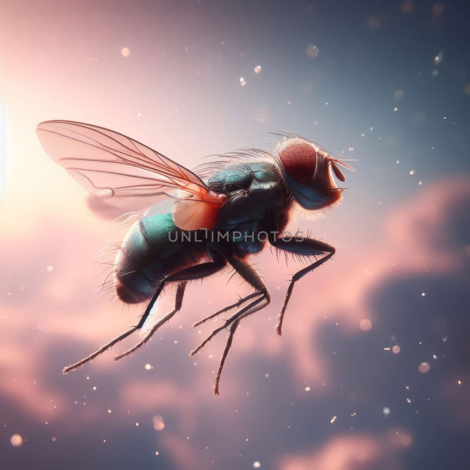 Close-up of a fly with detailed textures, against a soft-focused cloudy sky during sunset