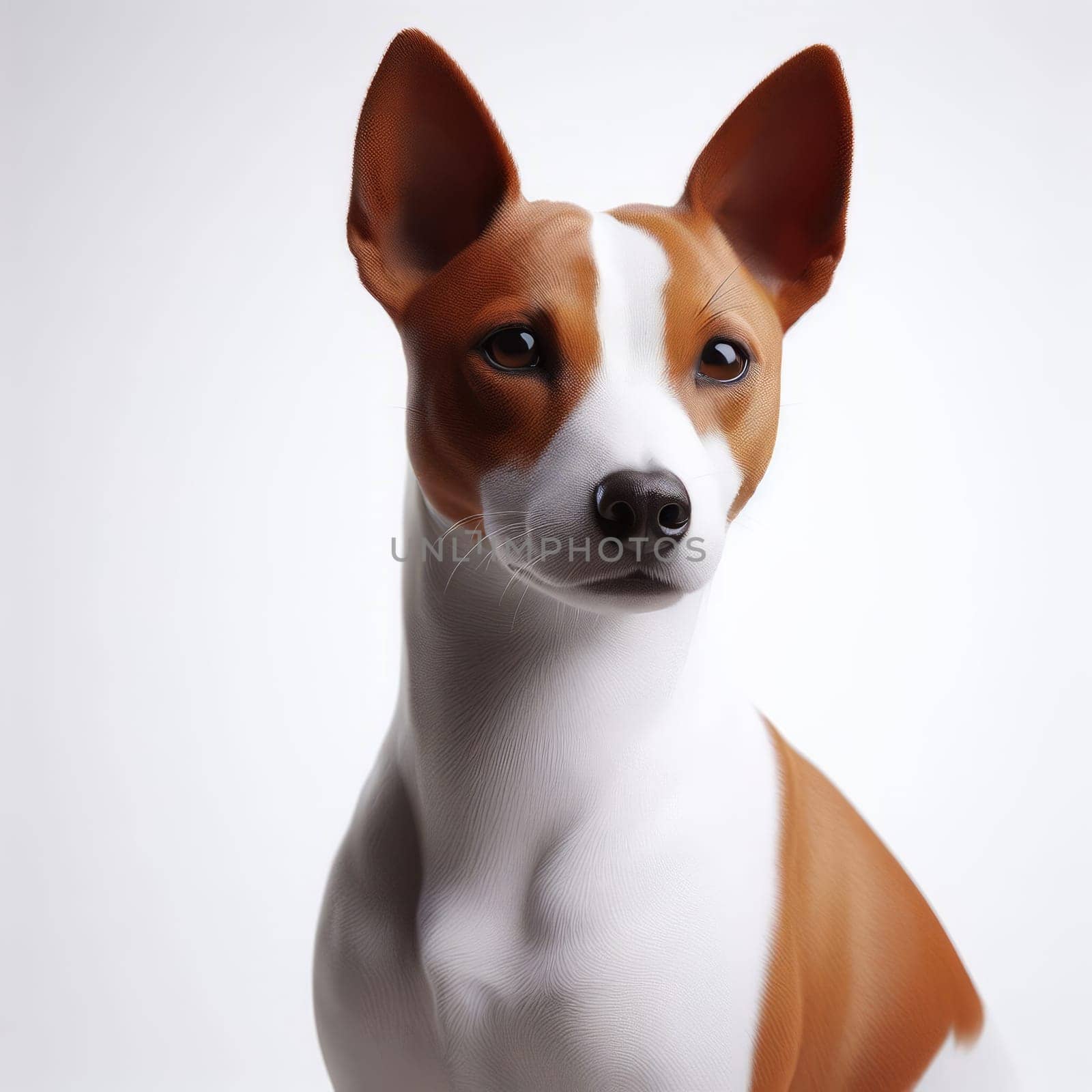 Portrait of a Basenji dog, an intelligent and energetic breed, posing against a white background