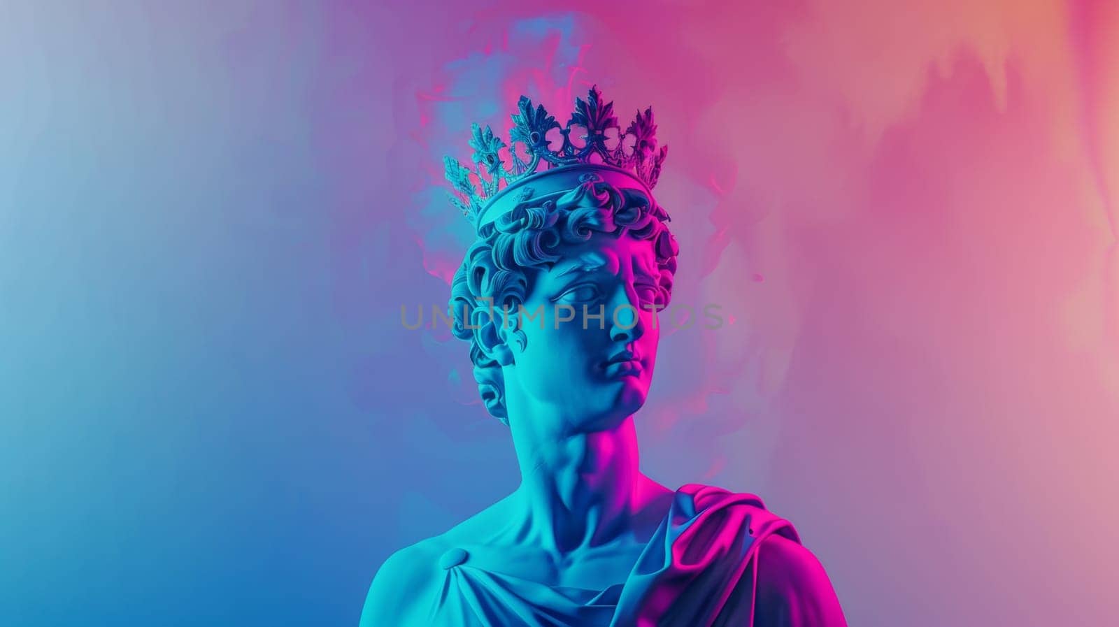 Colorful neon lighting on classical sculpture with a crown.