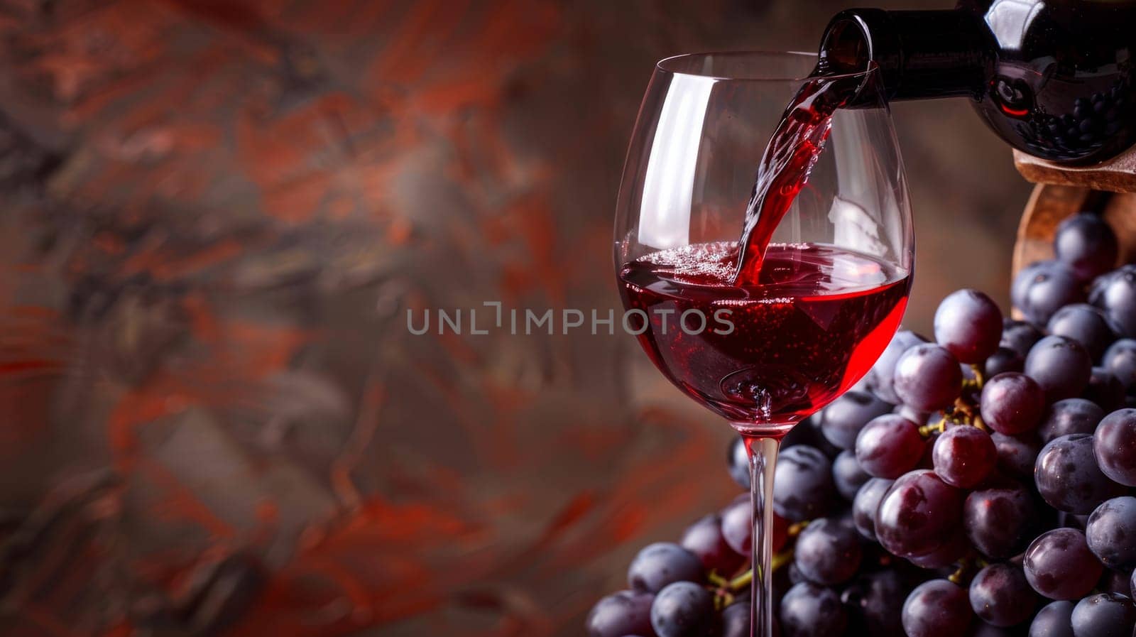 A glass of red wine is being poured from a bottle into another glass, capturing the elegant flow of the deep red liquid. The wine is cascading smoothly, creating a visually appealing display.