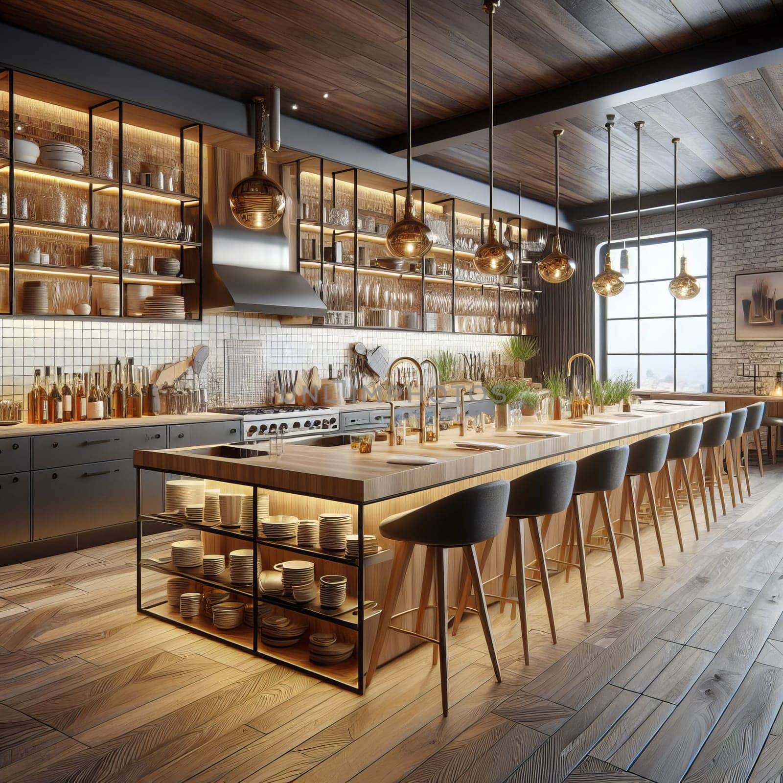 Modern kitchen with a large island and bar seating, wooden floor, and a brick wall with shelves and hanging lights