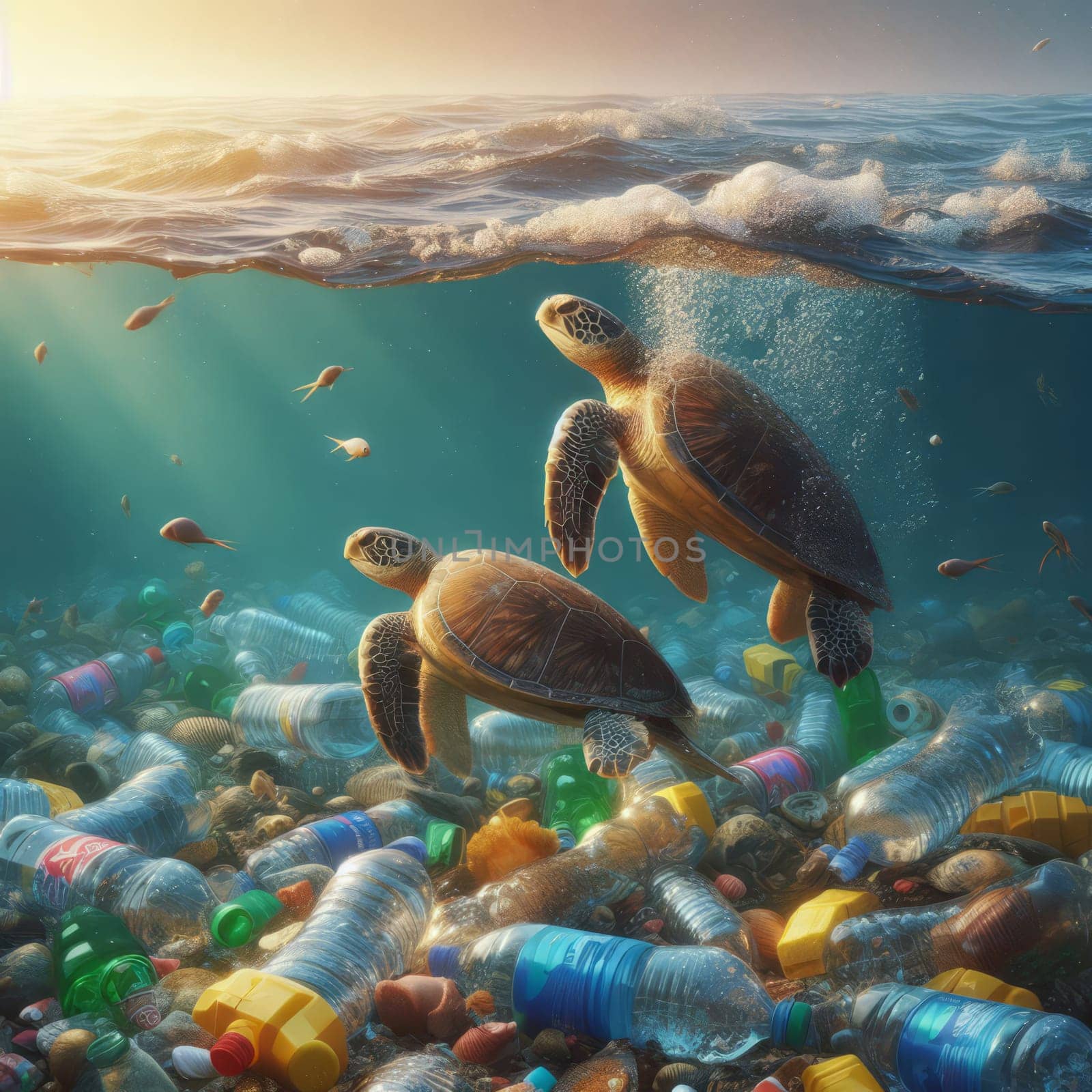 Turtles swimming amidst plastic pollution in the ocean, a stark image of environmental concern. by sfinks