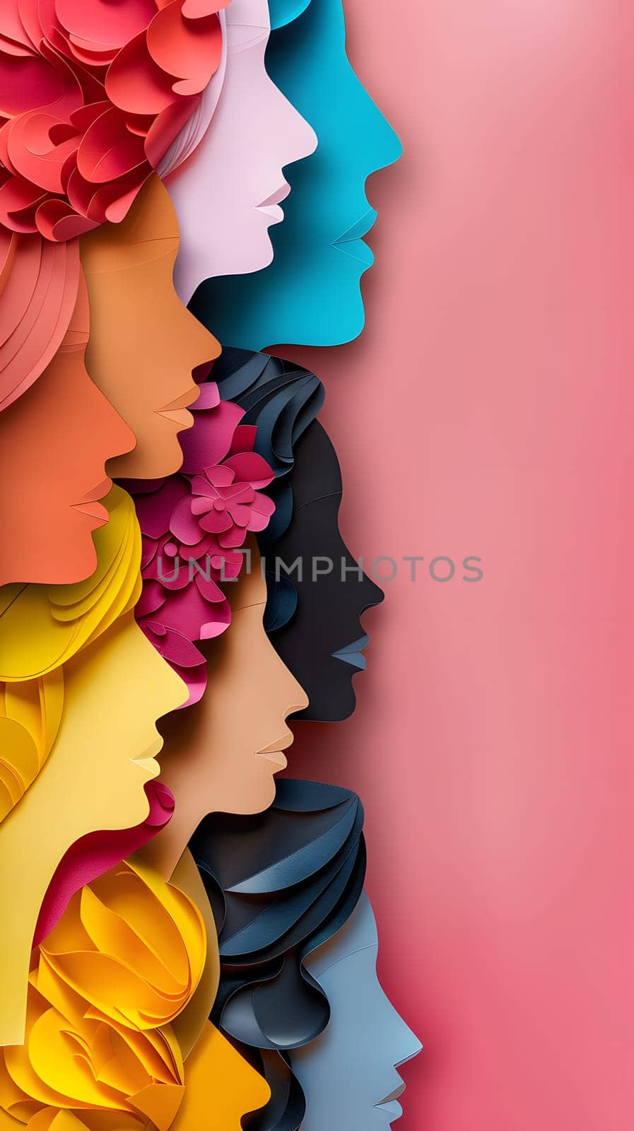 A row of colorful paper womens faces with Petal headgear, in shades of pink, magenta, and violet, each with a unique gesture, on a pink background