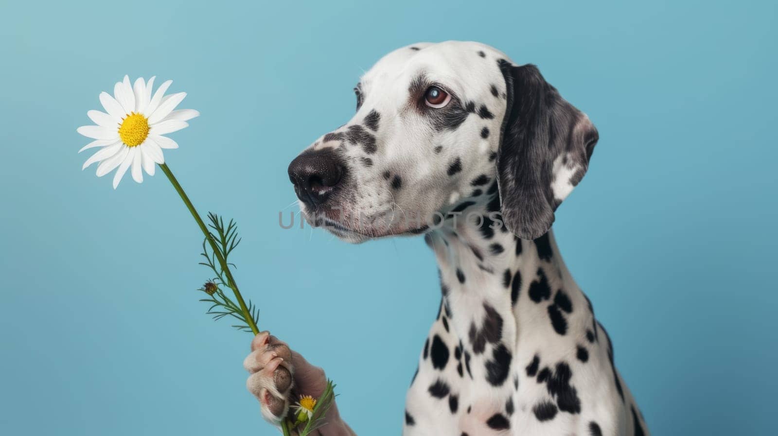 A Dalmatian dog is seen holding a flower in its mouth. The black and white spotted dog is standing and looking directly at the camera while delicately holding the flower between its teeth.