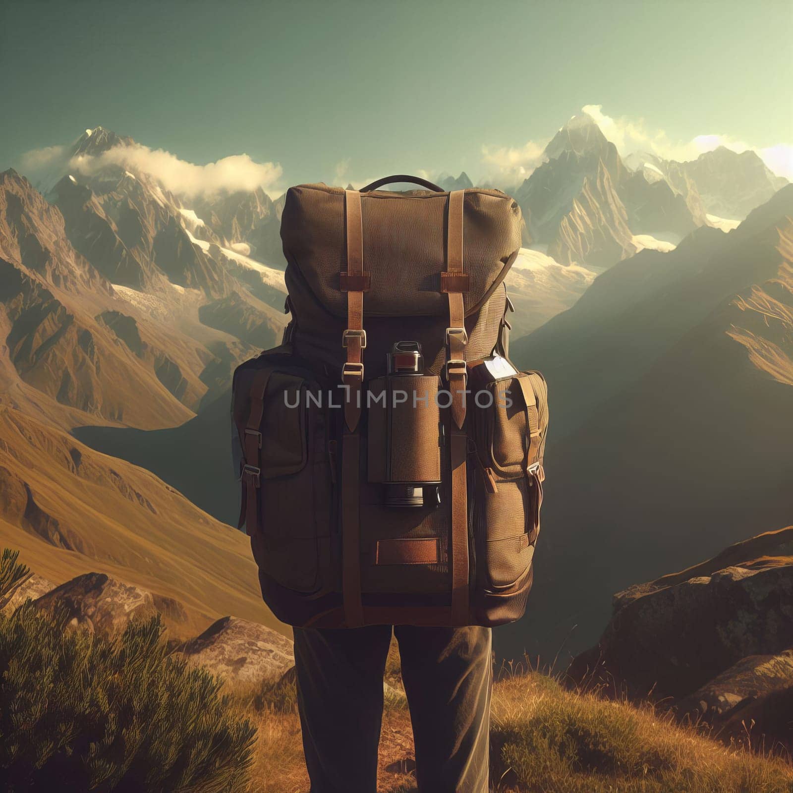 A backpacker stands on a mountain ridge, taking in the breathtaking view of the surrounding mountains. by sfinks