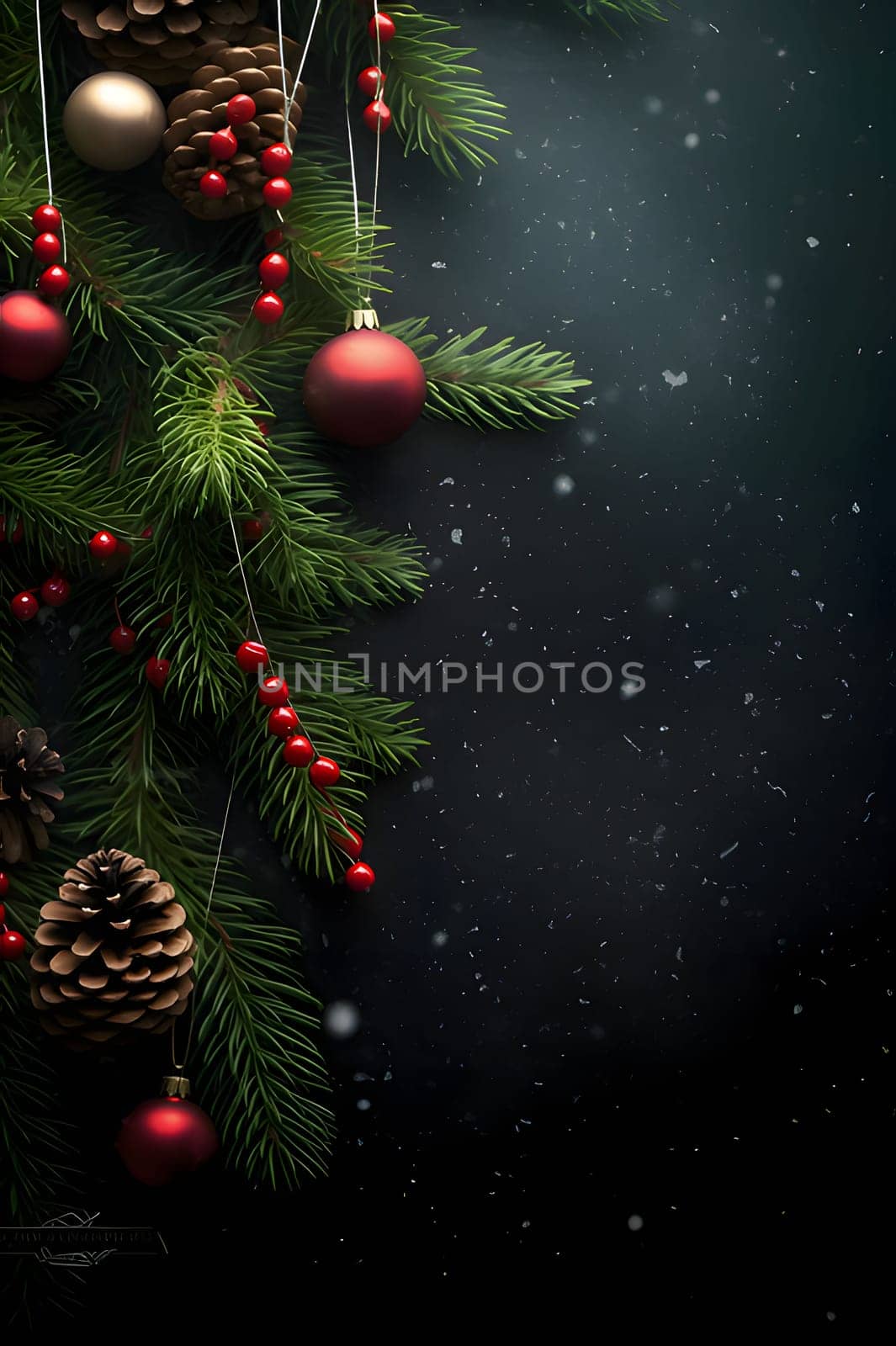 Pine branches decorated with baubles and rowan tree with pinecone on the left.Christmas banner with space for your own content. by ThemesS