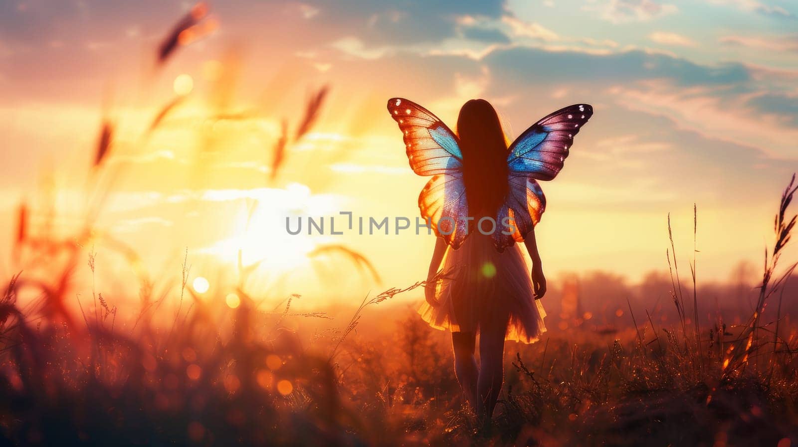 A girl stands in a field as a butterfly lands gently on her back. The girl is wearing casual clothes and seems unaware of the butterflys presence.