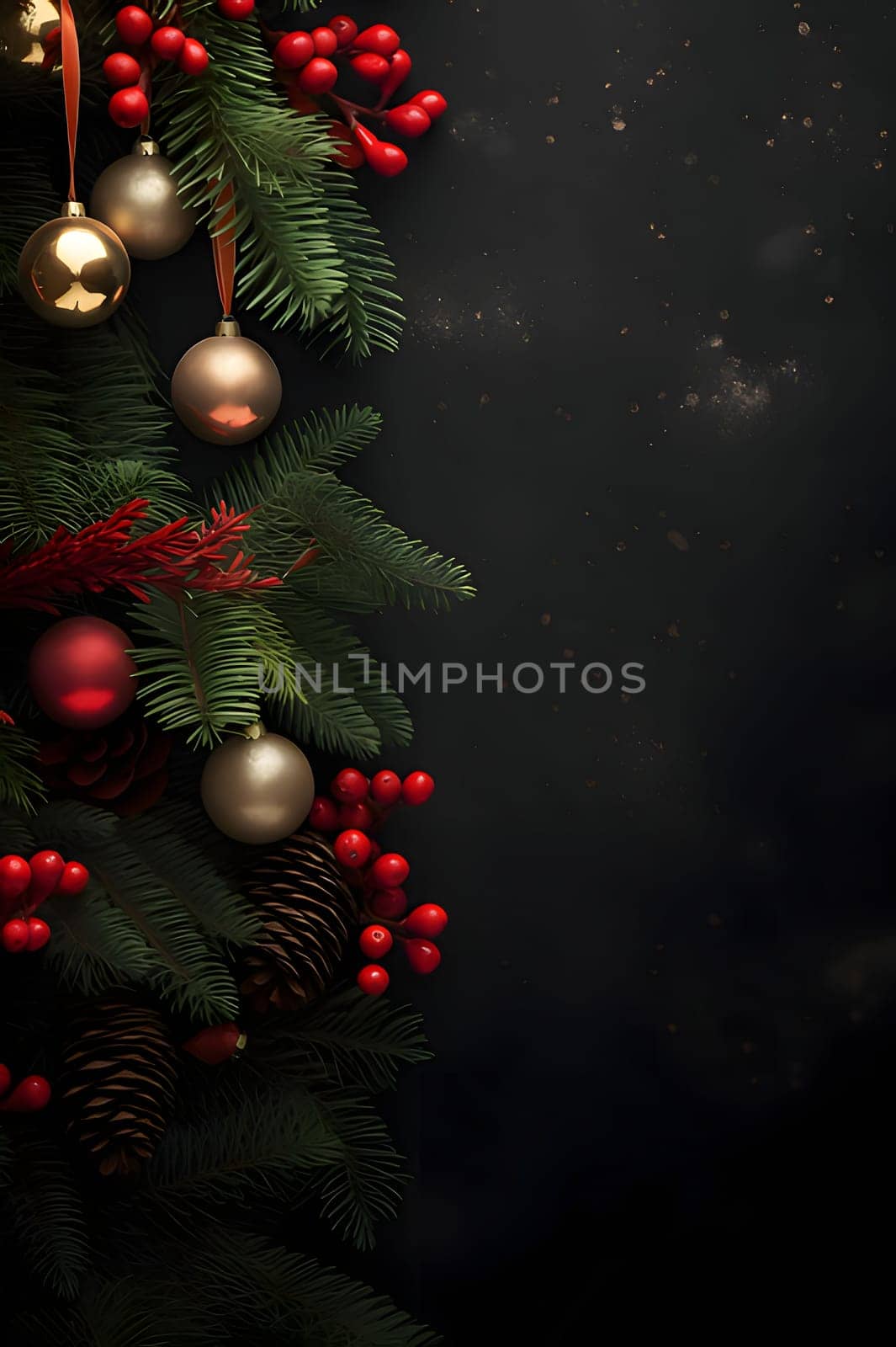 Pine branches decorated with baubles and rowan tree with pinecone on the left.Christmas banner with space for your own content. Blank space for the inscription.