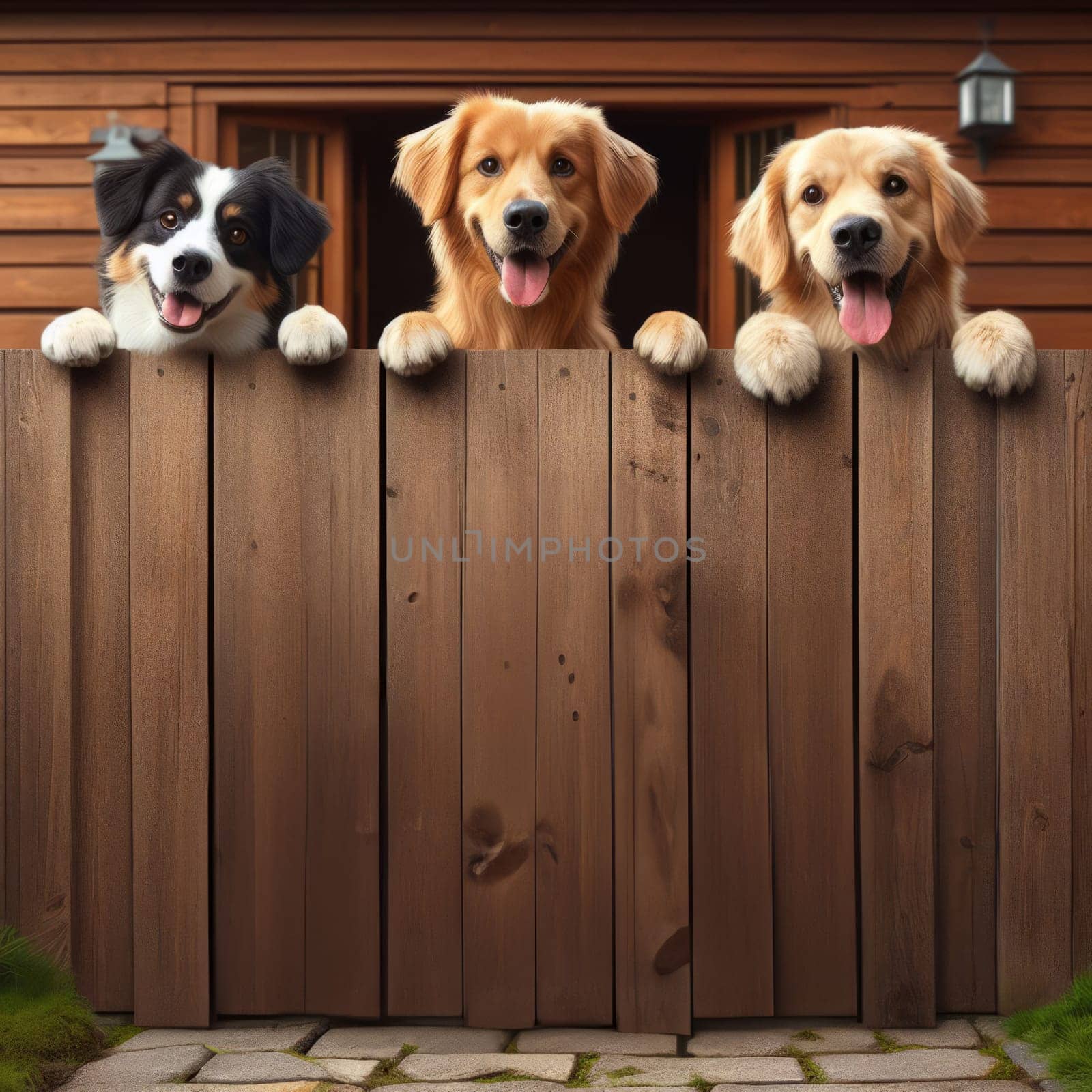 Three dogs, a black and white border collie and two golden retriever, peeking over a wooden fence with a wooden house in the background. by sfinks