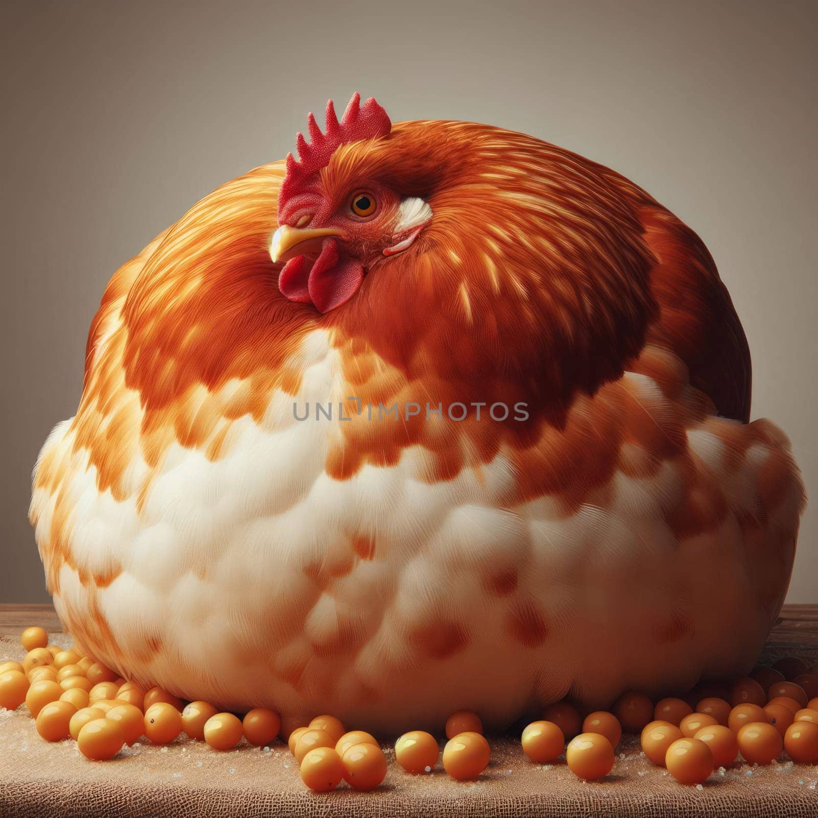 A vibrant, plump chicken with a mix of white and orange feathers sits amidst scattered corn kernels