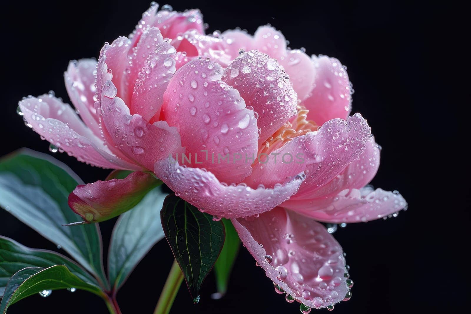 Close up view. Beautiful Peony isolated with drops of water on the petals. by Chawagen