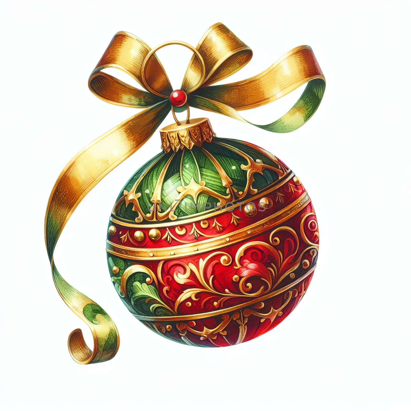 Vibrant, detailed illustration of a decorated Christmas ornament with a golden ribbon, isolated on a white background - oil painting