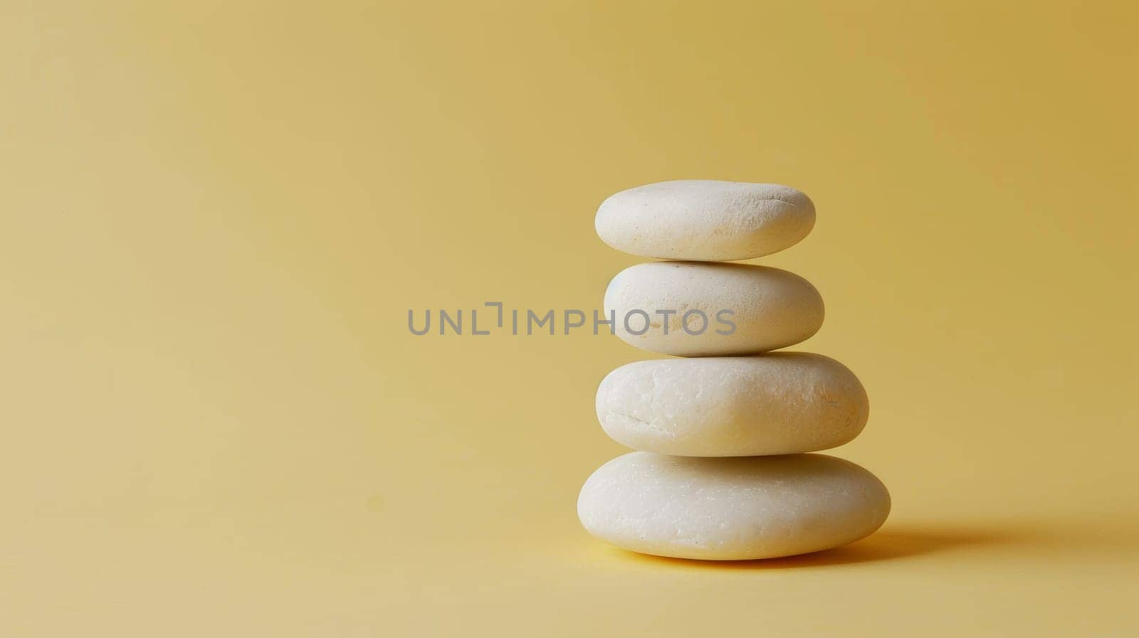 Stacked white smooth stones on yellow background.