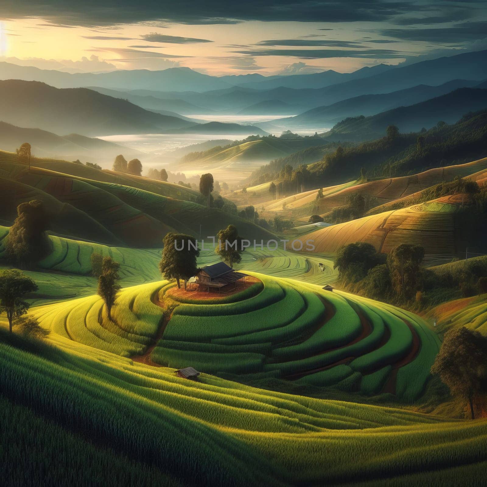 Serene landscape of terraced green fields with a small hut, surrounded by misty mountains at sunrise