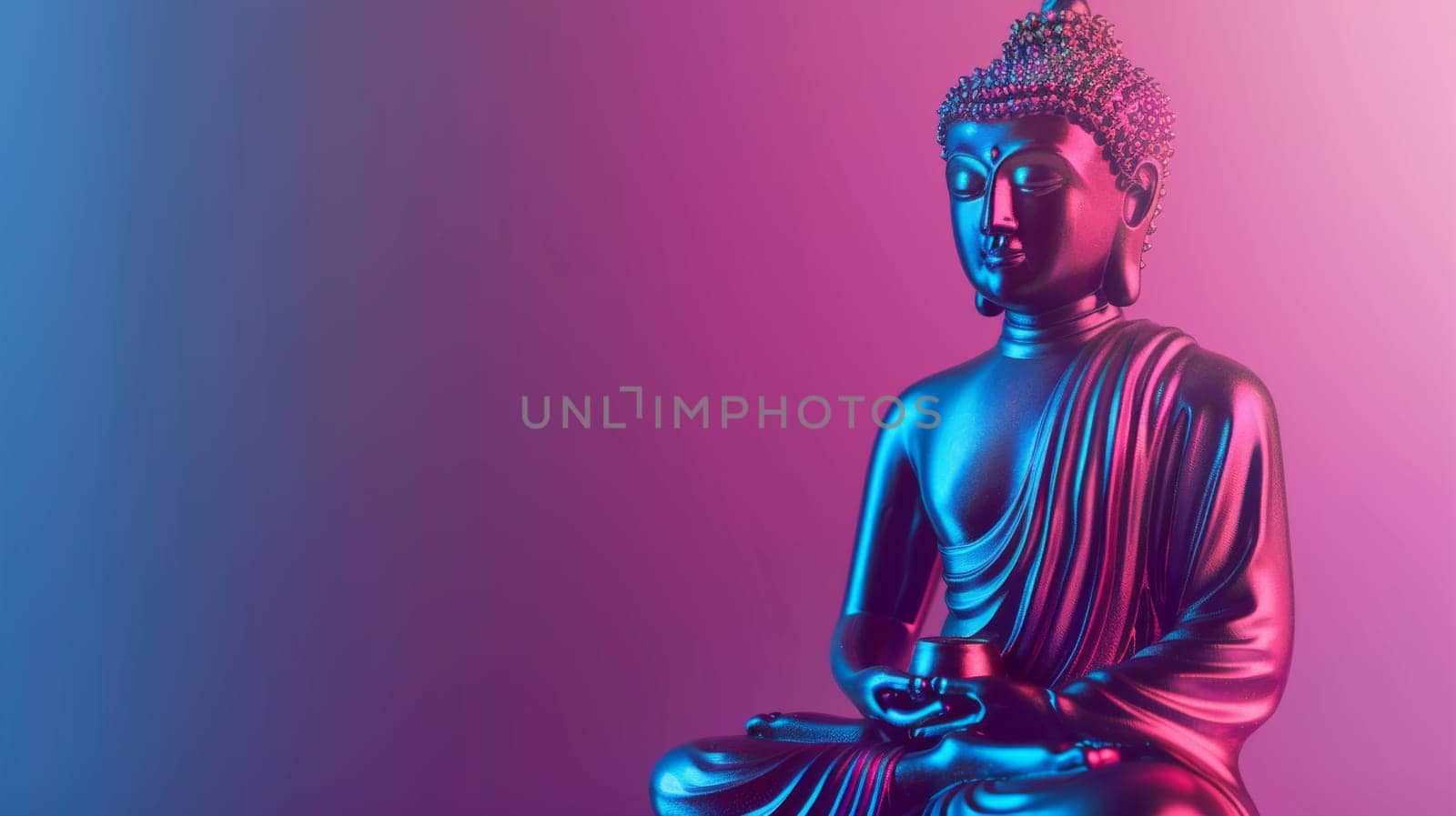 Illuminated blue Buddha statue with purple background.