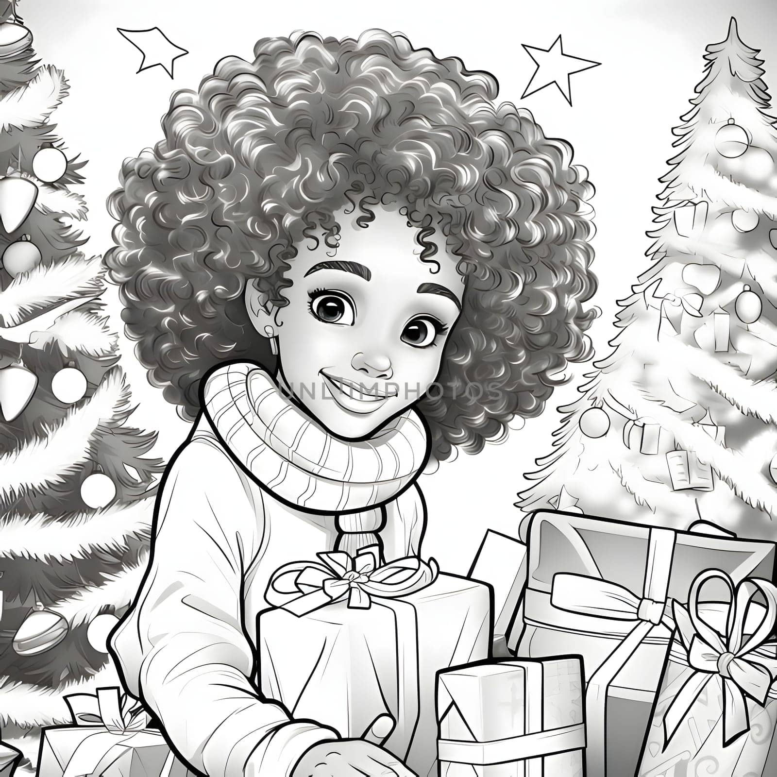 Girl with afro hair holding gifts in her hands. Black and White coloring sheet. Xmas tree as a symbol of Christmas of the birth of the Savior. A time of joy and celebration.