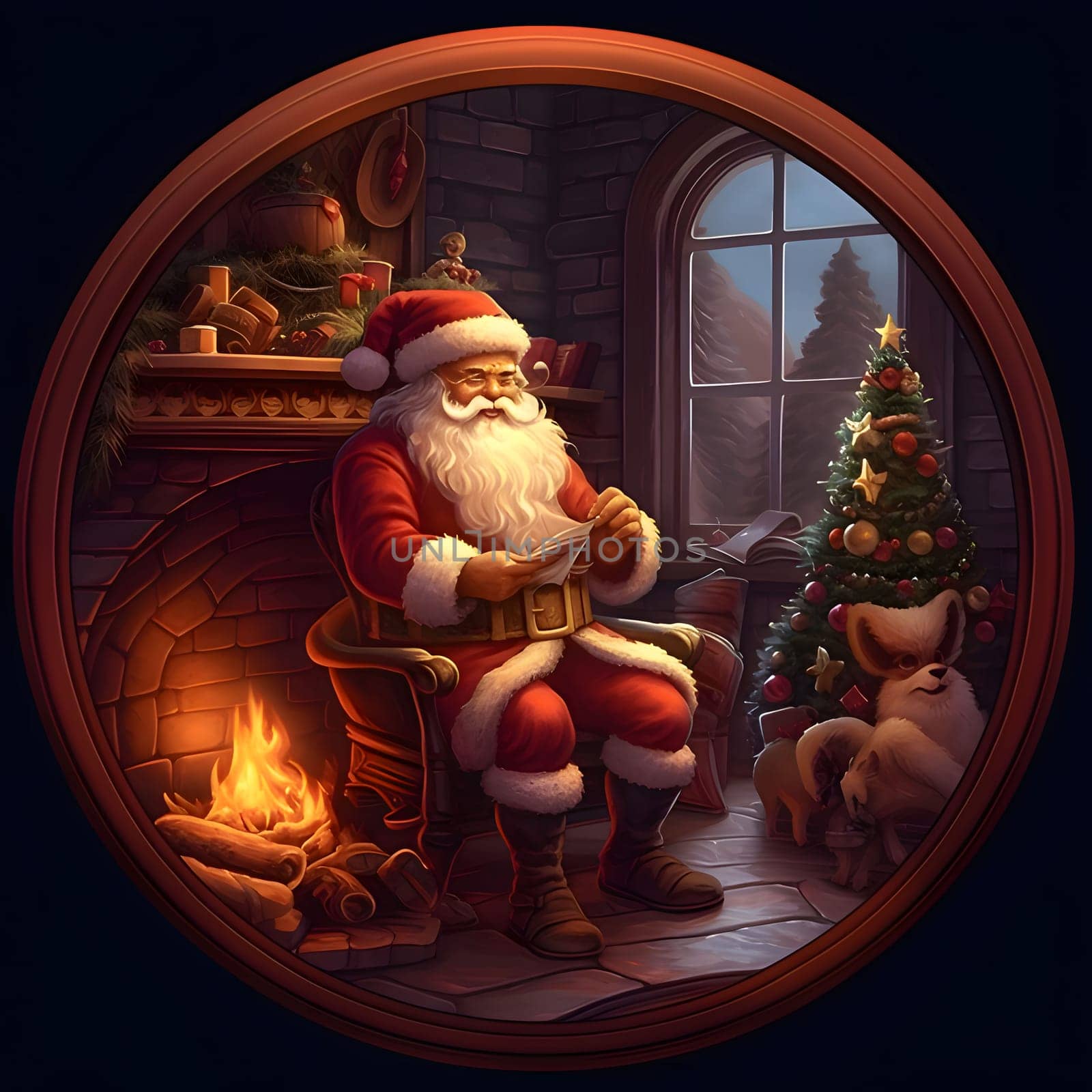 Illustration of Santa Claus reading a letter by the fireplace in a circle. Xmas tree as a symbol of Christmas of the birth of the Savior. by ThemesS