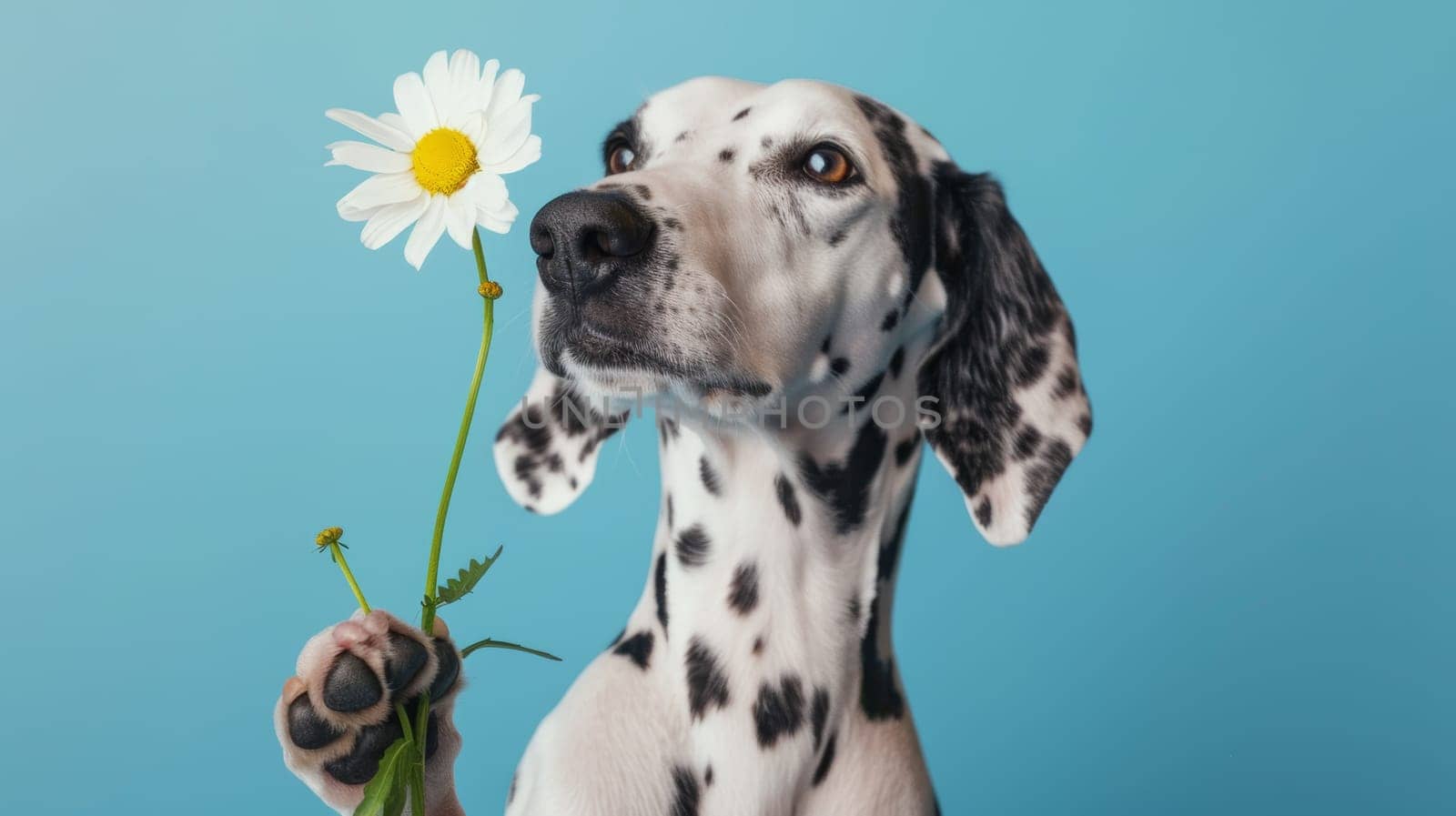 Dalmatian Dog Holding Daisy Flower.