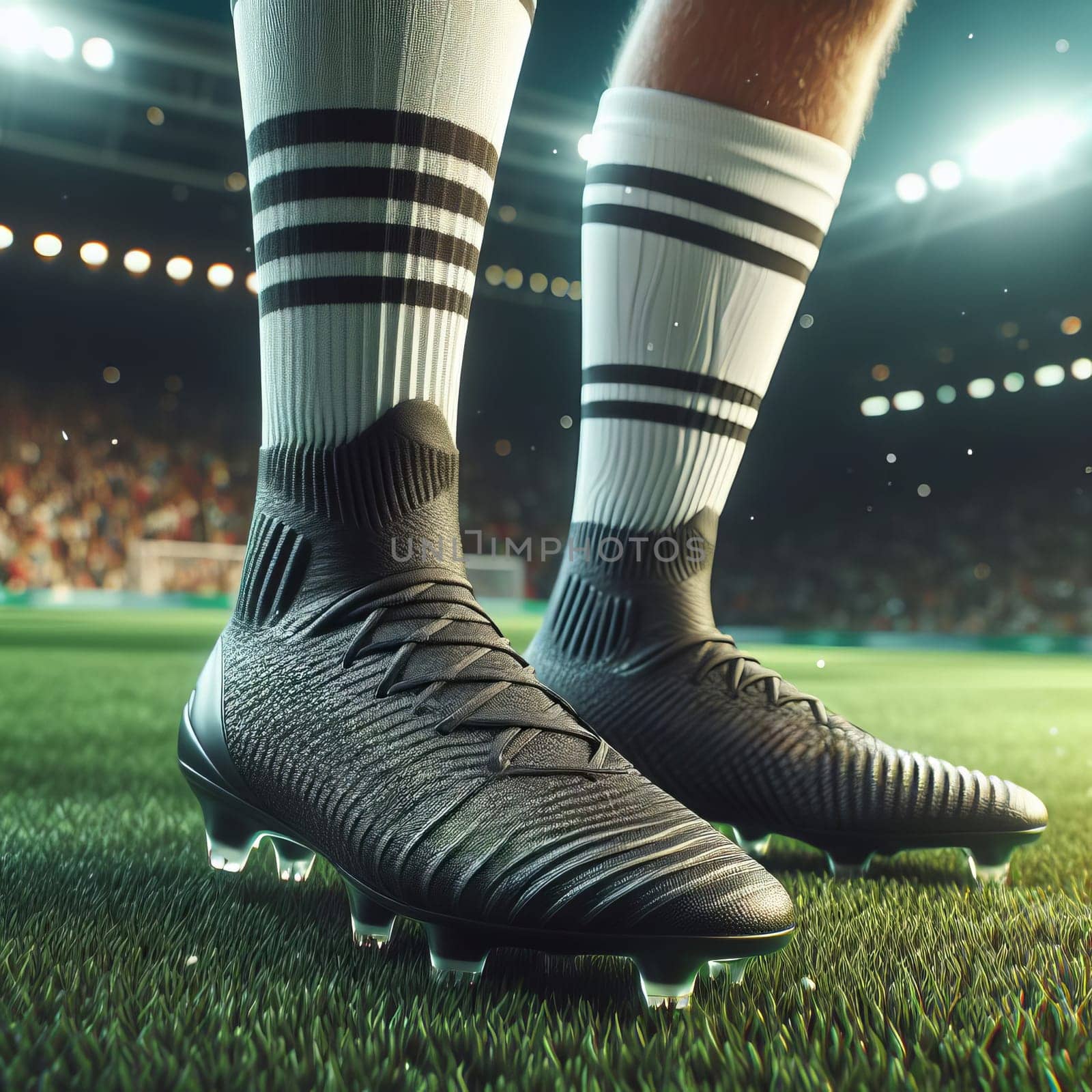 Pair of soccer cleats on legs on a grass field with a blurred background of a stadium and crowd