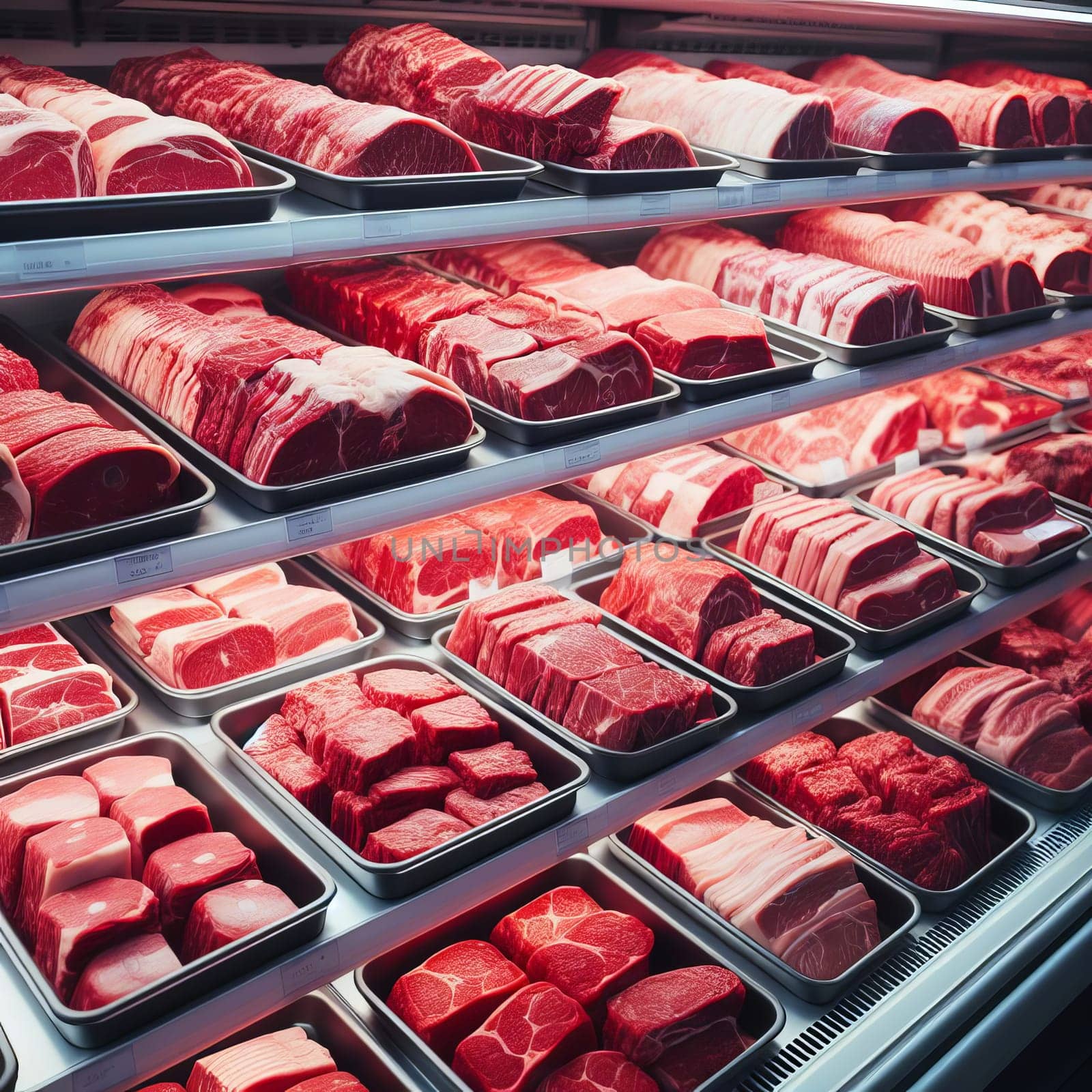 Various cuts of fresh, raw meat displayed in trays at a butcher shop or supermarket