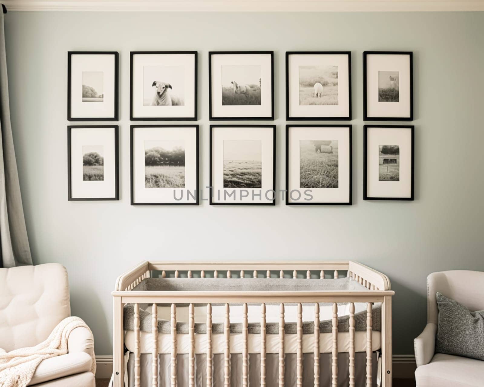 Nursery gallery wall, home decor and wall art, framed art in the English country cottage interior, room for diy printable artwork mockup and print shop idea